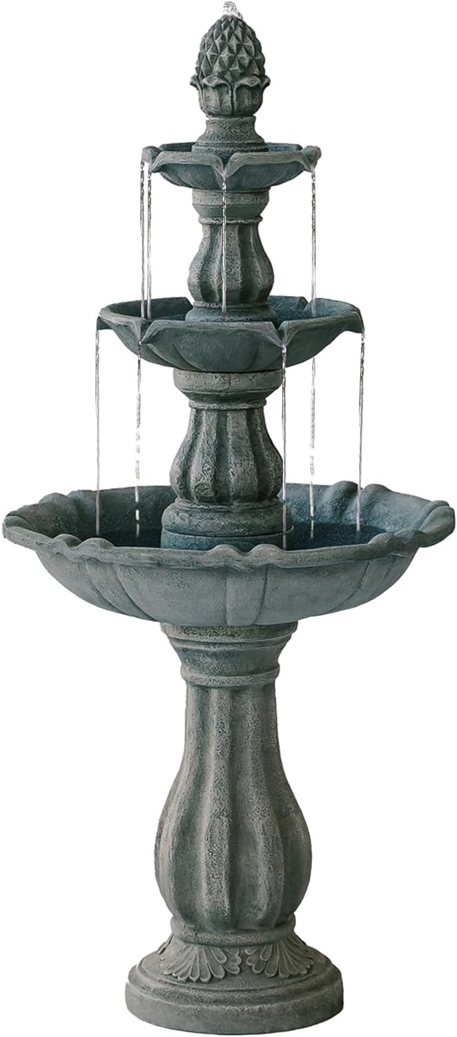 XBrand 3-Tier Freestanding Waterfall Fountain w/Pump & Pineapple Top, 51 Inch Tall, Grey, Large Outdoor Garden Fountain, Ideal for Garden, Porch, and Lawn