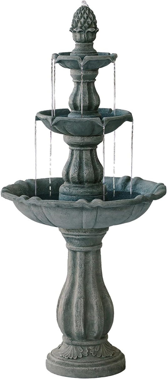 XBrand 3-Tier Freestanding Waterfall Fountain w/Pump & Pineapple Top, 51 Inch Tall, Grey, Large Outdoor Garden Fountain, Ideal for Garden, Porch, and Lawn