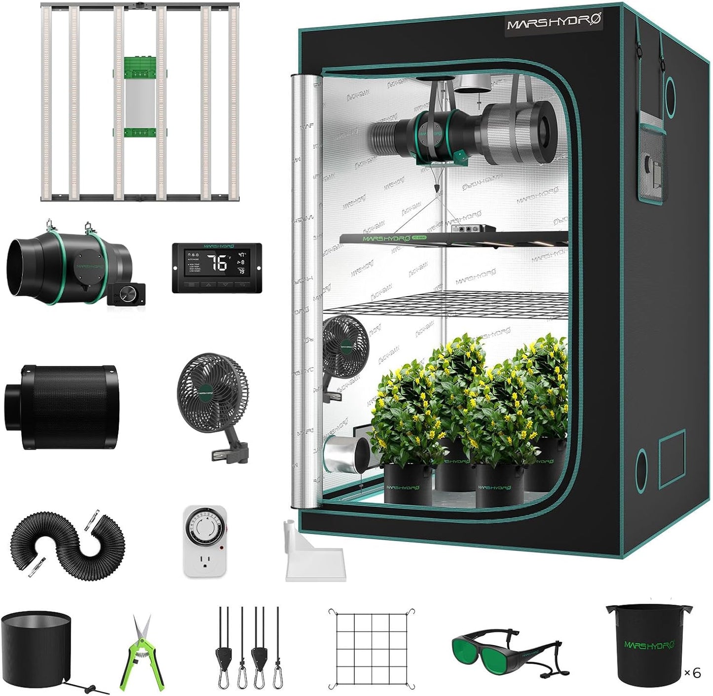 MARS HYDRO 4x4 Smart Grow Tent Kit Complete System with Temperature Humidity Controller,480W FC-E4800 Dimmable Light 2646Pcs LED,48"x48"x80" 1680D High Reflective Mylar,6inch Automatic Ventilation Kit