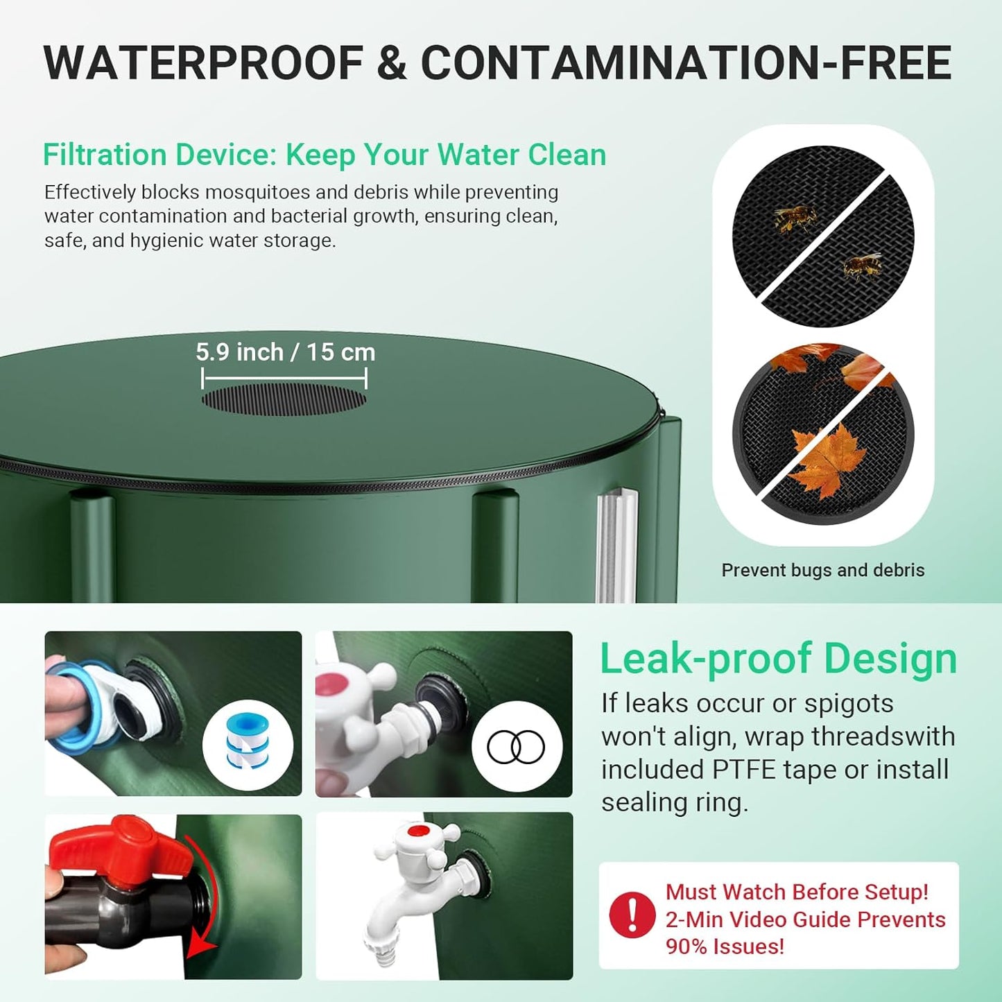 SKM Collapsible Rain Barrel, 53 Gallon Portable Rain Water Collection Barrel for Garden/Outside/Lawn, PVC Rainwater Collection System Water Tank Storage Container with Spigots & Overflow Kit, Green