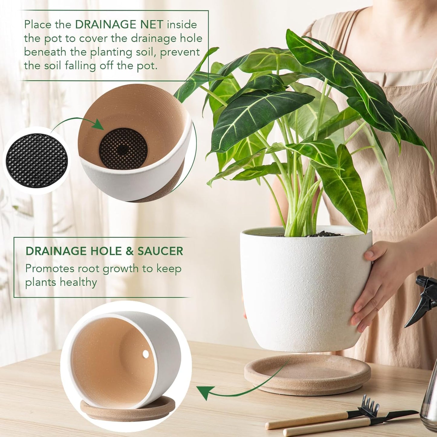 Ceramic Flower Pots Indoor-Outdoor: 7.75 Inch Large Planters with Drainage Holes & Saucer - Modern Decorative Plant Pots Ceramic for Home Gardeners (White)