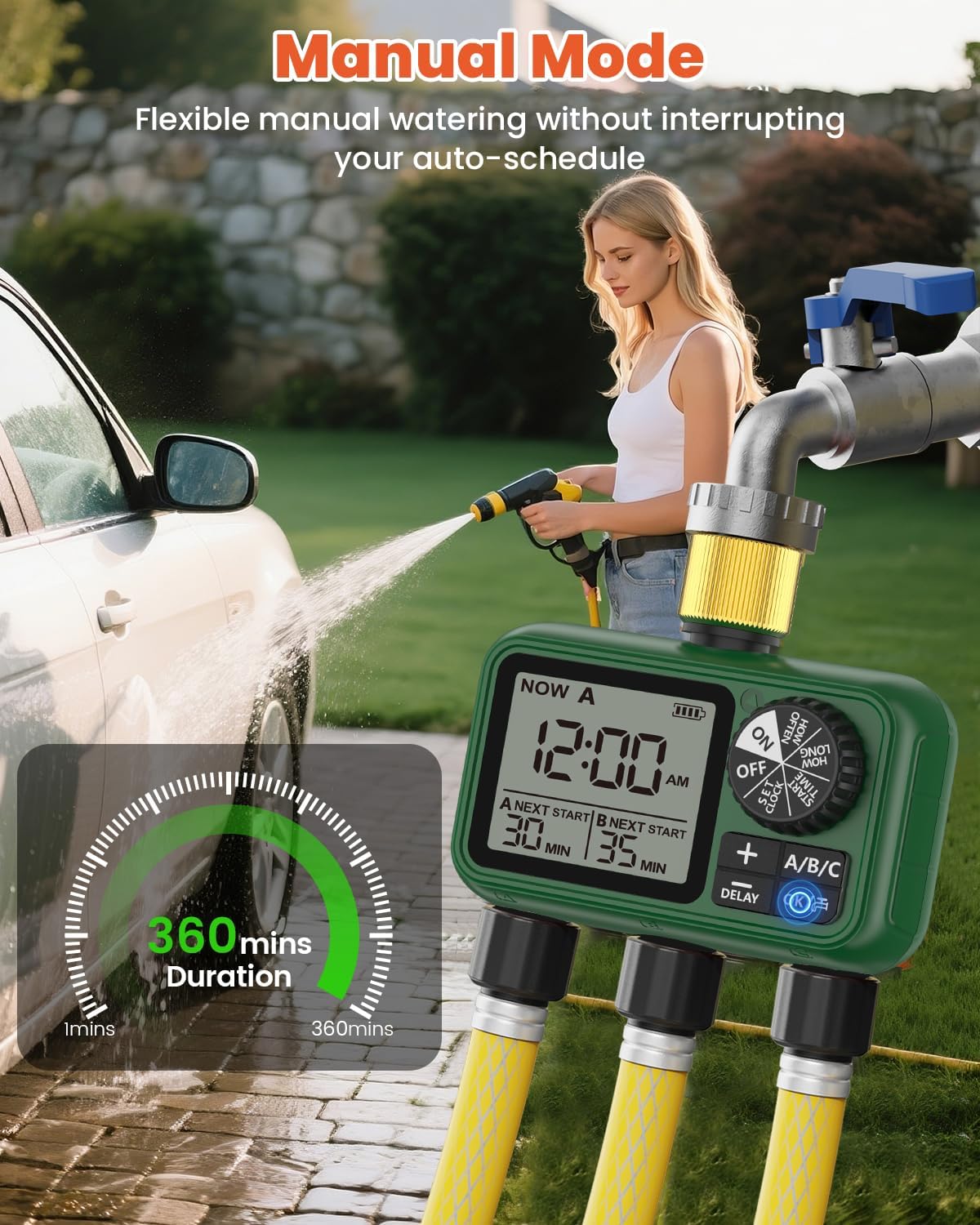 3 Outlet Sprinkler Timer Brass, XinFuture Programmable Water Sprinkler Controller for Yard, Lawn & Greenhouse, Automatic/Manual/Rain Delay Mode, Compatible with Drip Irrigation Systems