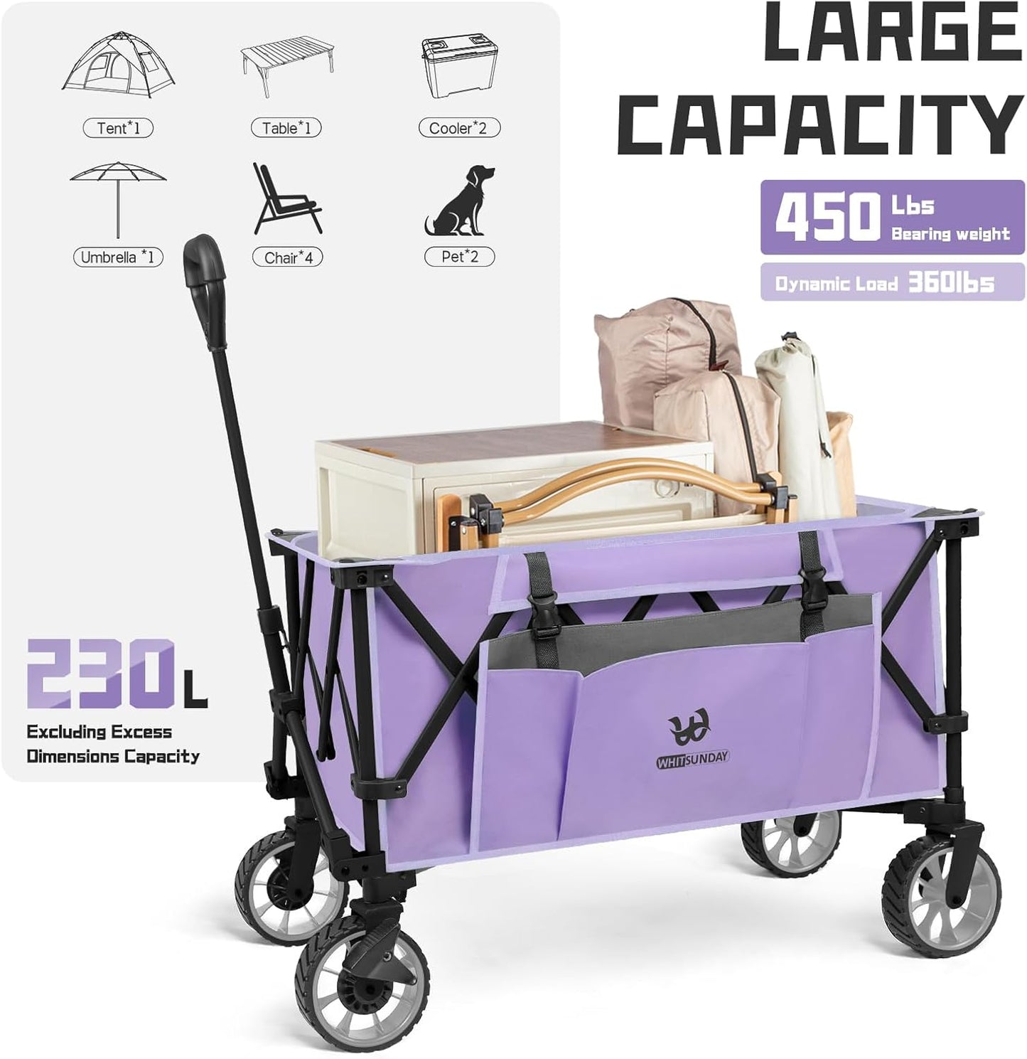 Whitsunday Folding Collapsible Utility Wagon, 400Lbs Heavy Duty Outdoor Park Beach Wagon with Table and Side Pocket for Garden Camping Sports Shopping Purple
