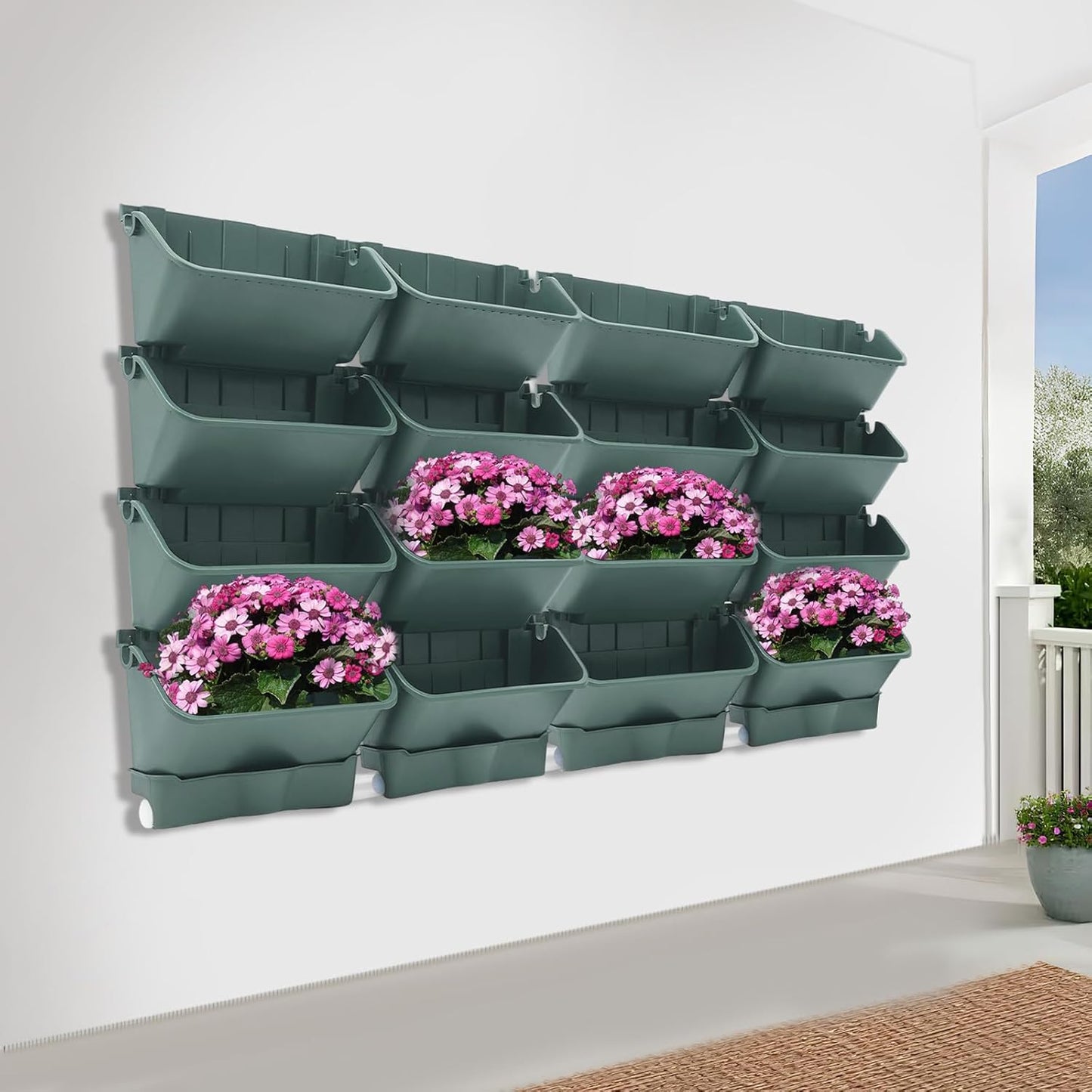 Vertical Wall Planter with 16 Pots, Hanging Garden Plant Flowerpot Holder, Stackable Wall-Mounted Planter, Balcony Planters for Flowers Vegetables Fruits (Army Green, 16 Pots+4 Drainage Planters&Pipe)