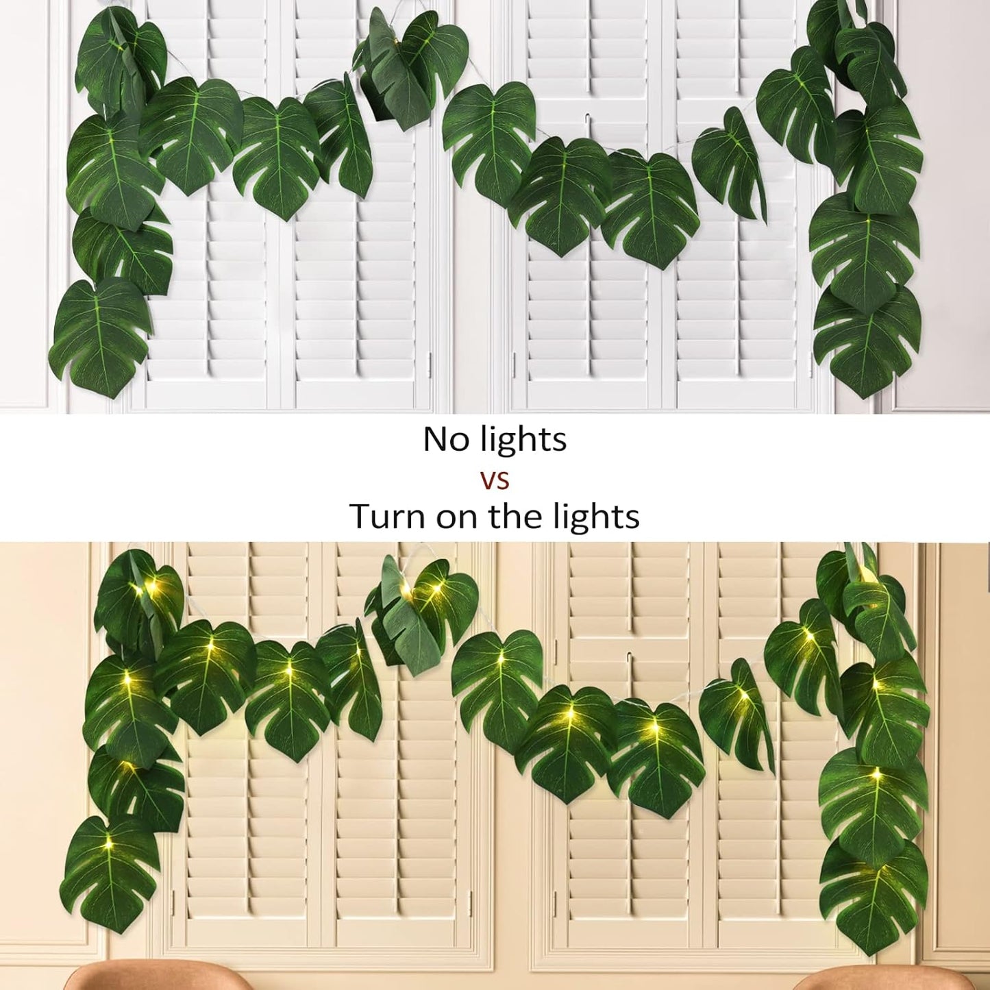 RECUTMS Artificial Tropical Palm Leaves String Lights, Large Size 20 LED Monstera Leaf Wall Hanging Vine Greenery,Outdoor Indoor Hawaiian Luau Jungle Beach Safari Baby Shower Party Spring Summer Decor