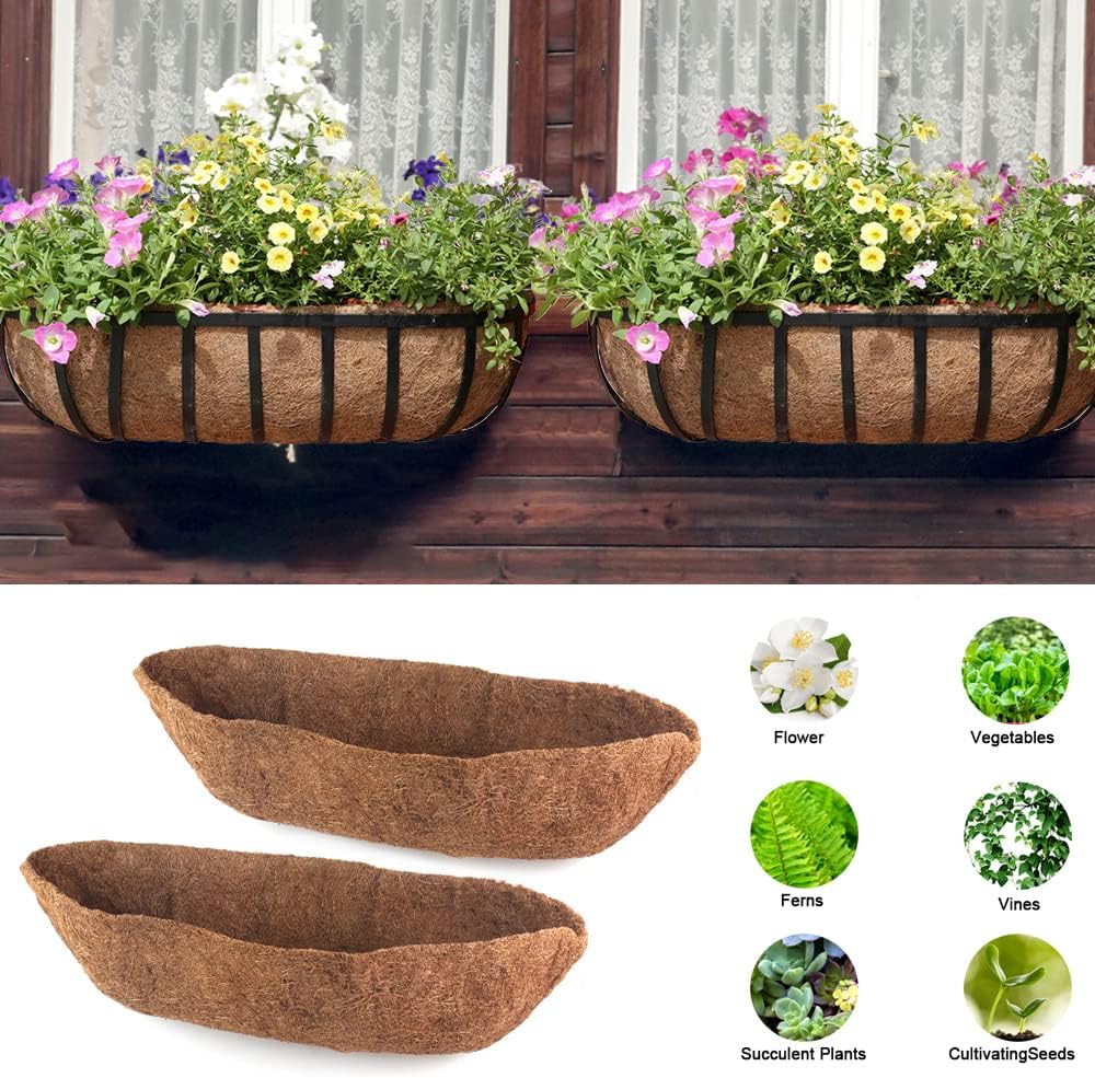 2 Pack Trough Coco Liner Fiber Replacement for Planters, 24/30/36/48 inch Half Moon Coconut Coir Planter for Window Box/Hanging Trough Planter, Garden Flower Vegetables Pot, Fence Flower Baskets