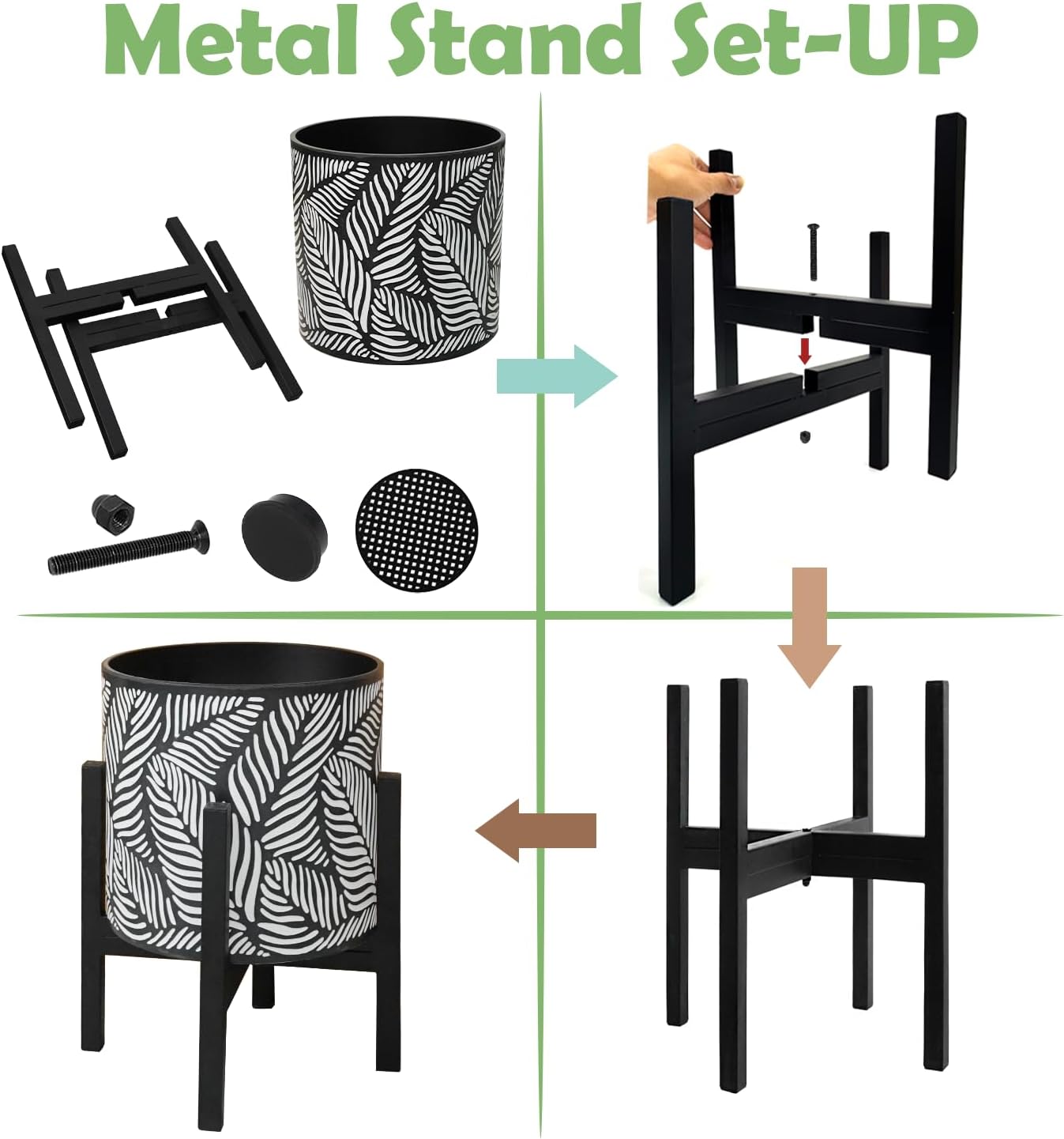 10 & 12 Inches Plant Pot with Stand Set of 2, Decorative Palm Leaves Printing Planter with Holder, Garden Pot for Snake Plant, Monstera, Houseplants - Indoor Outdoor Flower Pots with Drainage Holes