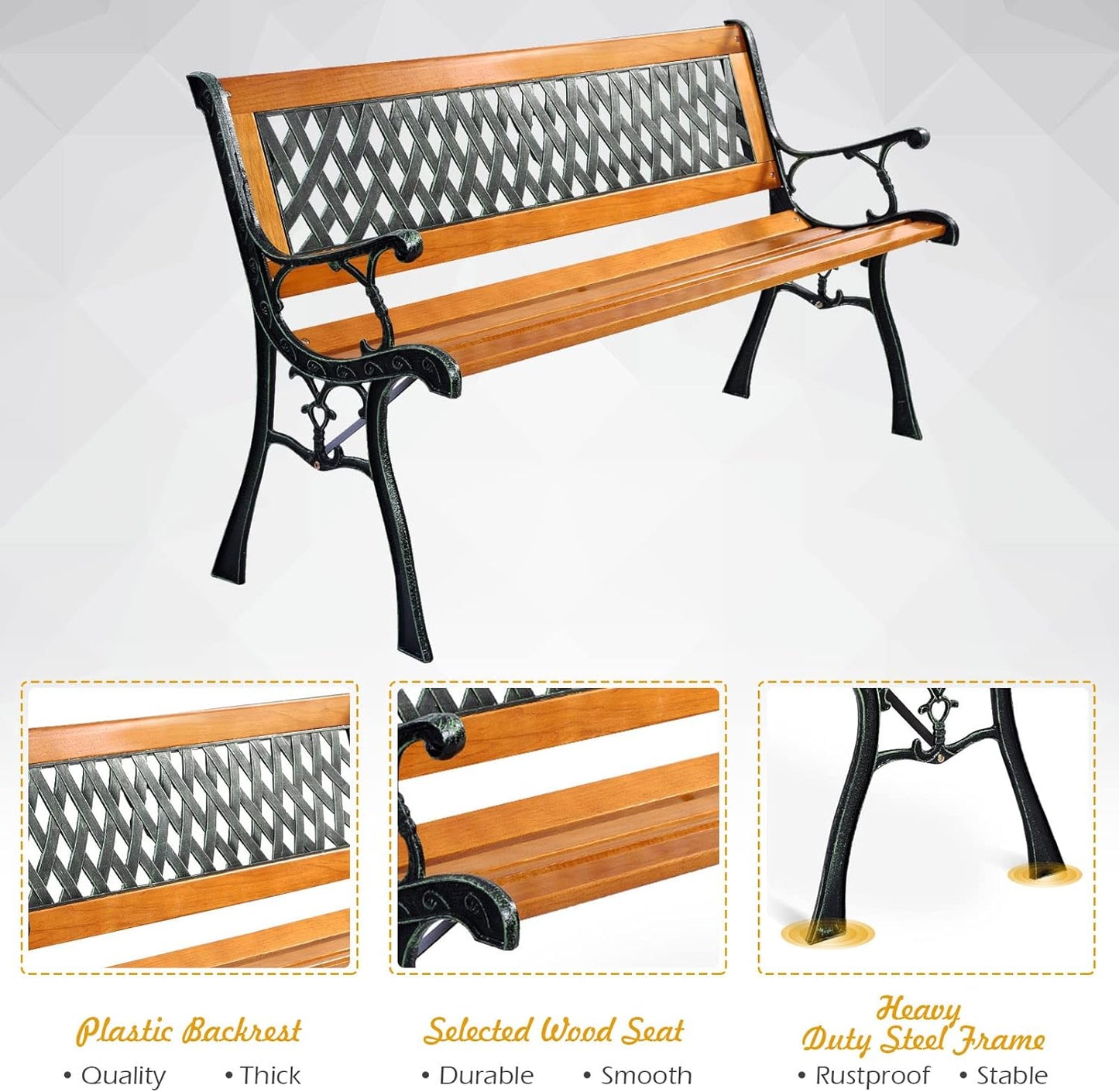 S AFSTAR Garden Bench, 2-3 Person Park Bench with Diamond Weaving Backrest, Pine Porch Bench, 470 LBS Bearing Capacity, Weather Proof Outdoor Bench for Backyard Deck Lawn Poolside