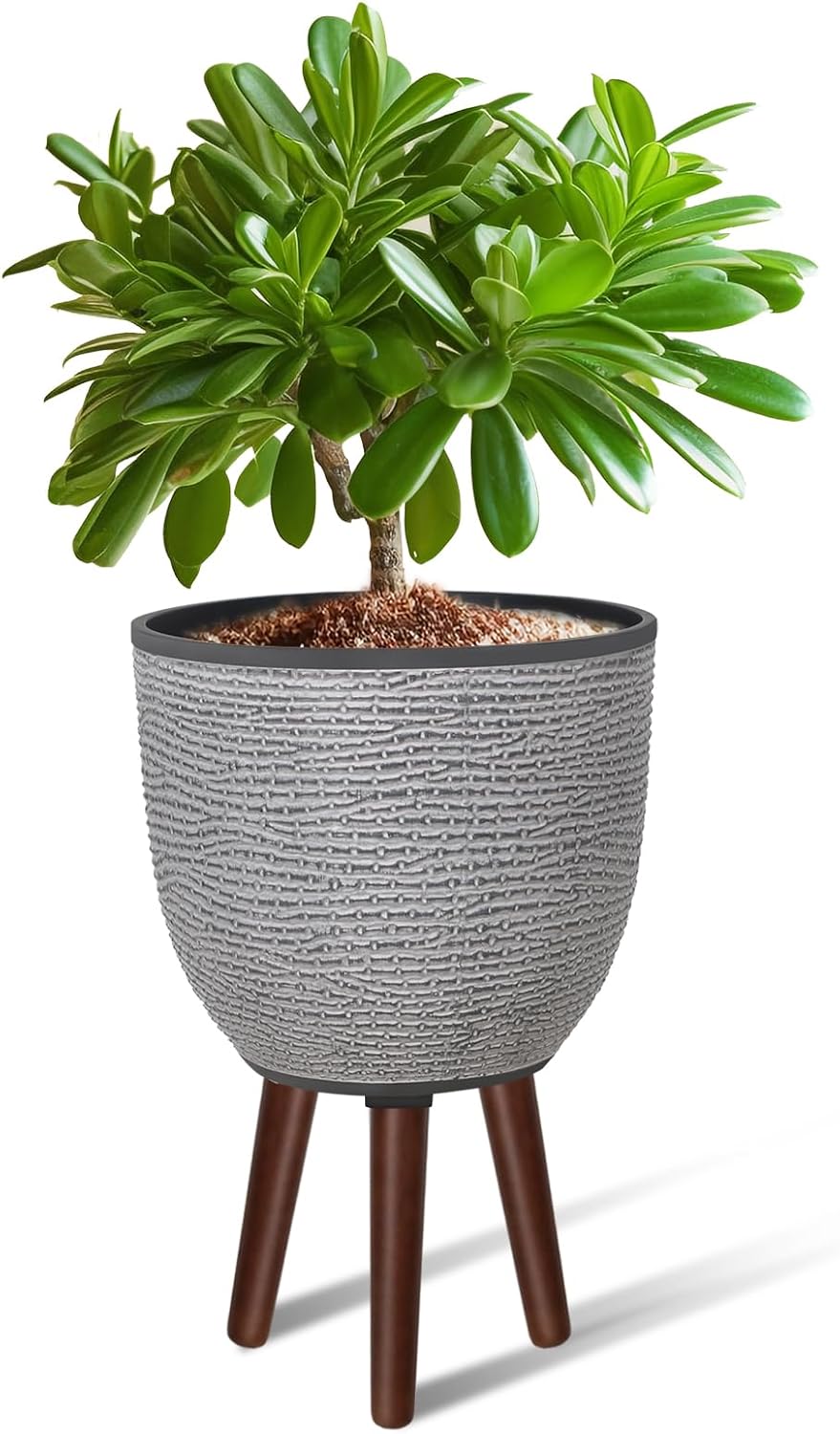 12 Inches Plant Pot with Stand, Large Decorative Standing Planters with Drainage Holes for Indoor Plants, Modern Gray Flower Pots with Legs