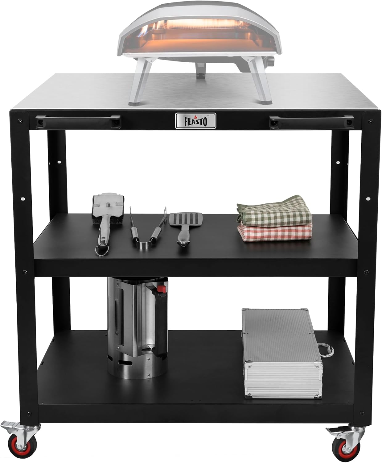 36''x 24'' Large Movable Pizza Oven Table for Outdoor, 304 Stainless Steel Grill Cart with Wheels, 3-Shelf Outdoor Kitchen Prep Table Pizza Oven Stand on Wheels for Pizza Oven& Griddle