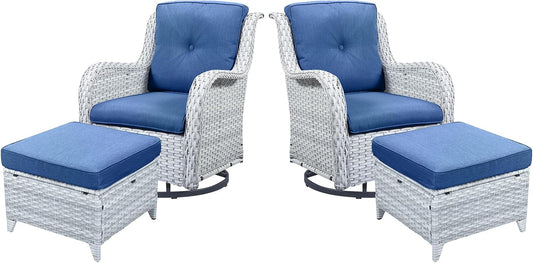4 Pieces Patio Furniture Sets, Wicker Patio Swivel Glider Chair with Ottomans, Outdoor Furniture Set for Outside Porch Deck Balcony, Light Grey