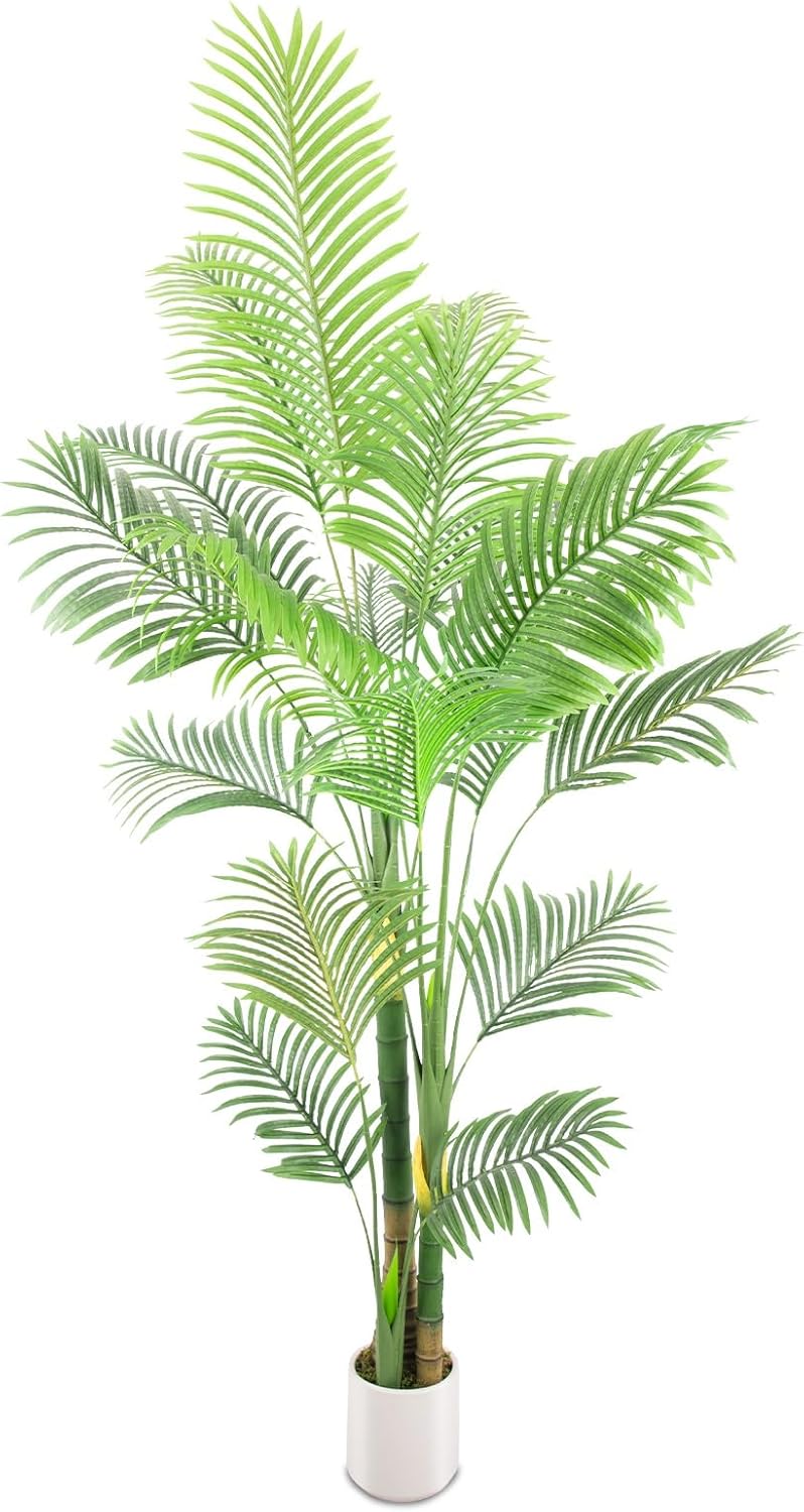 Artificial Fake Palm Tree 7FT 1Pack with White Planter & Free Moss, UV Resistant Artificial Palm Tree for Outdoors, Fake Plants for Poolside Home Room Decor, Faux Plants Outdoor Decor