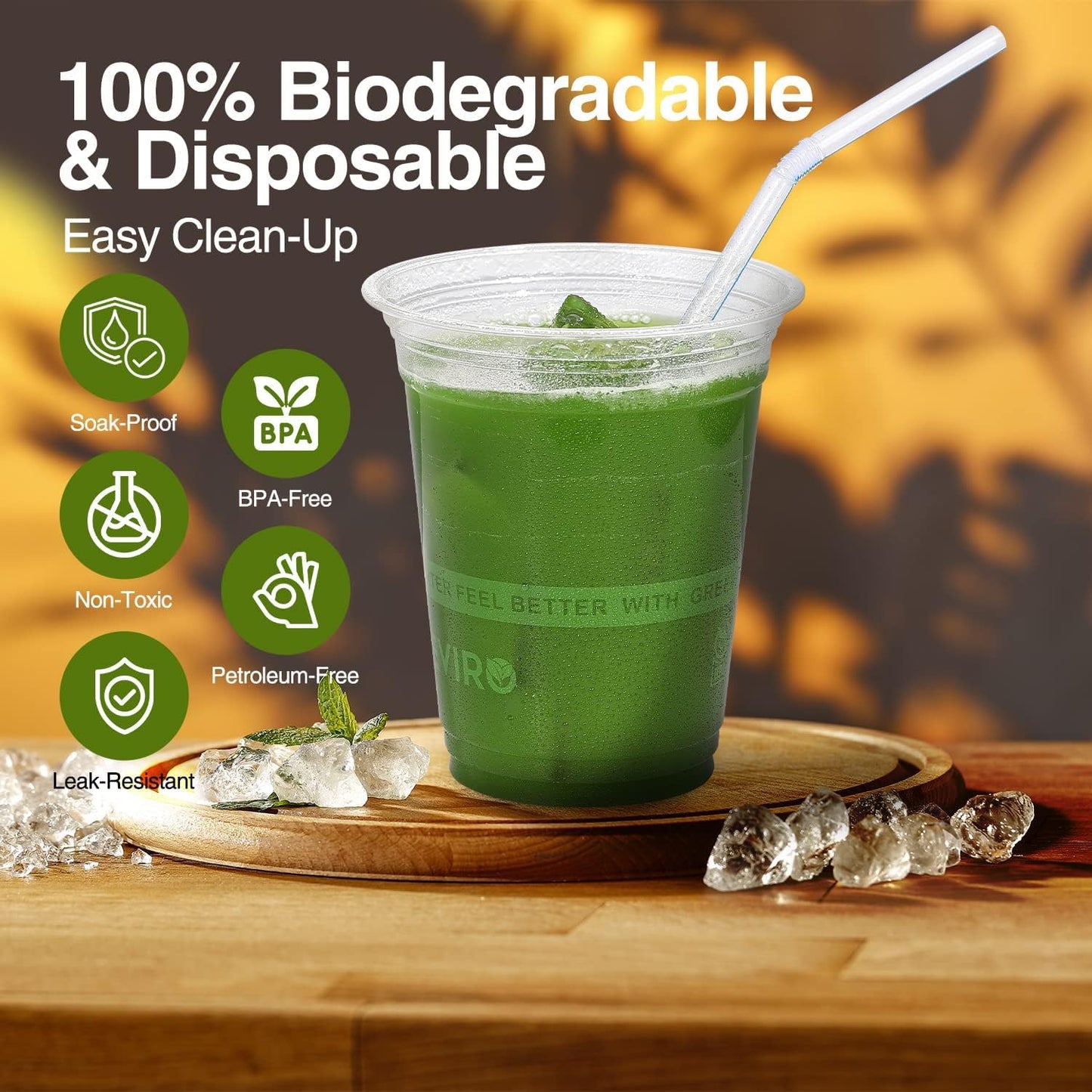 Compostable Plant-Based Clear Plastic Cups 9oz Thick, Reusable, Disposable Iced Coffee Cups for Smoothies, Beer & Any Beverages for Parties, Weddings & Gatherings (9oz)