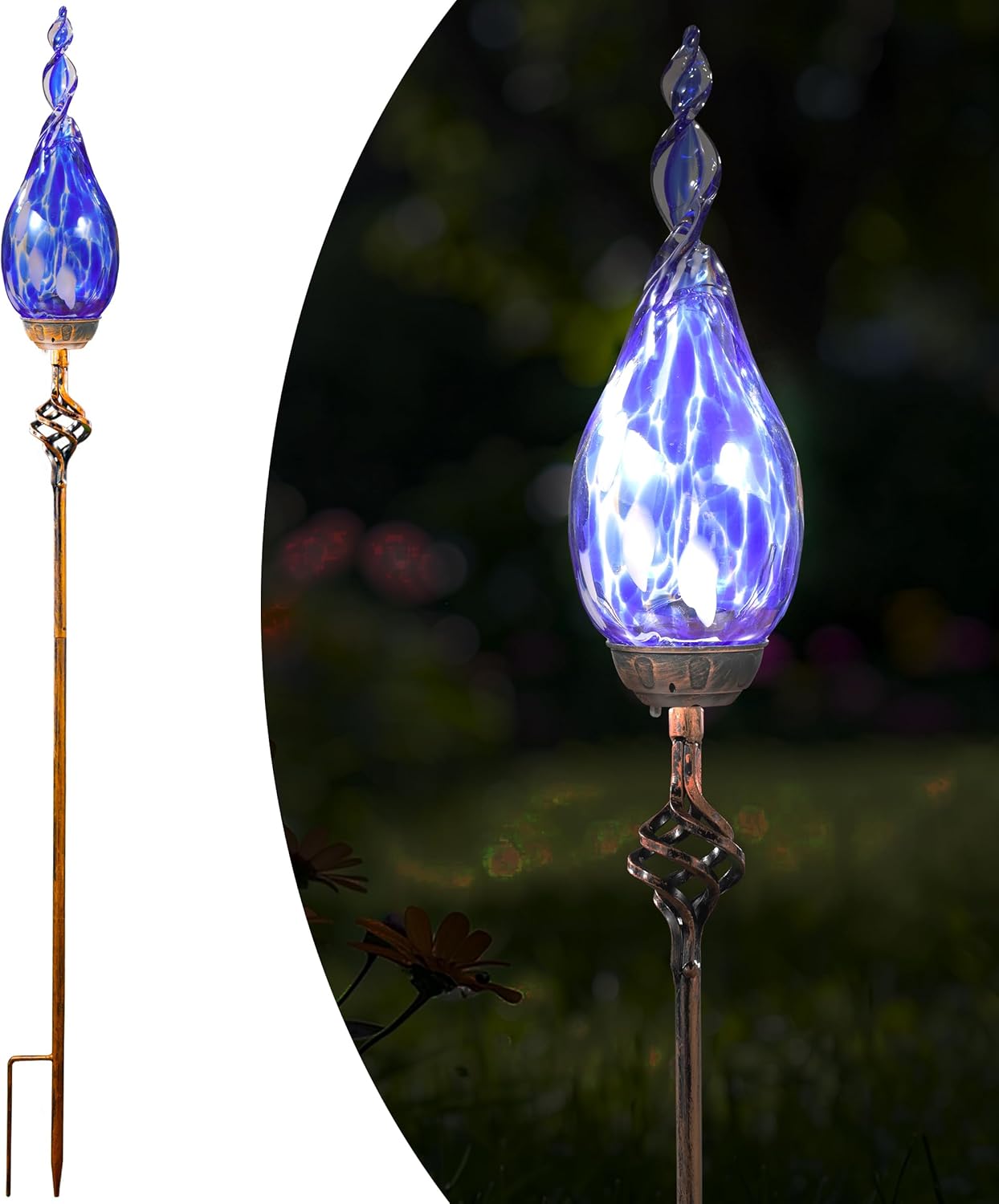 Solar Garden Lights, Decorative LED Flame Garden Stakes, Hand Blown Glass and Outdoor Waterproof Glass Stakes (Dark Blue)