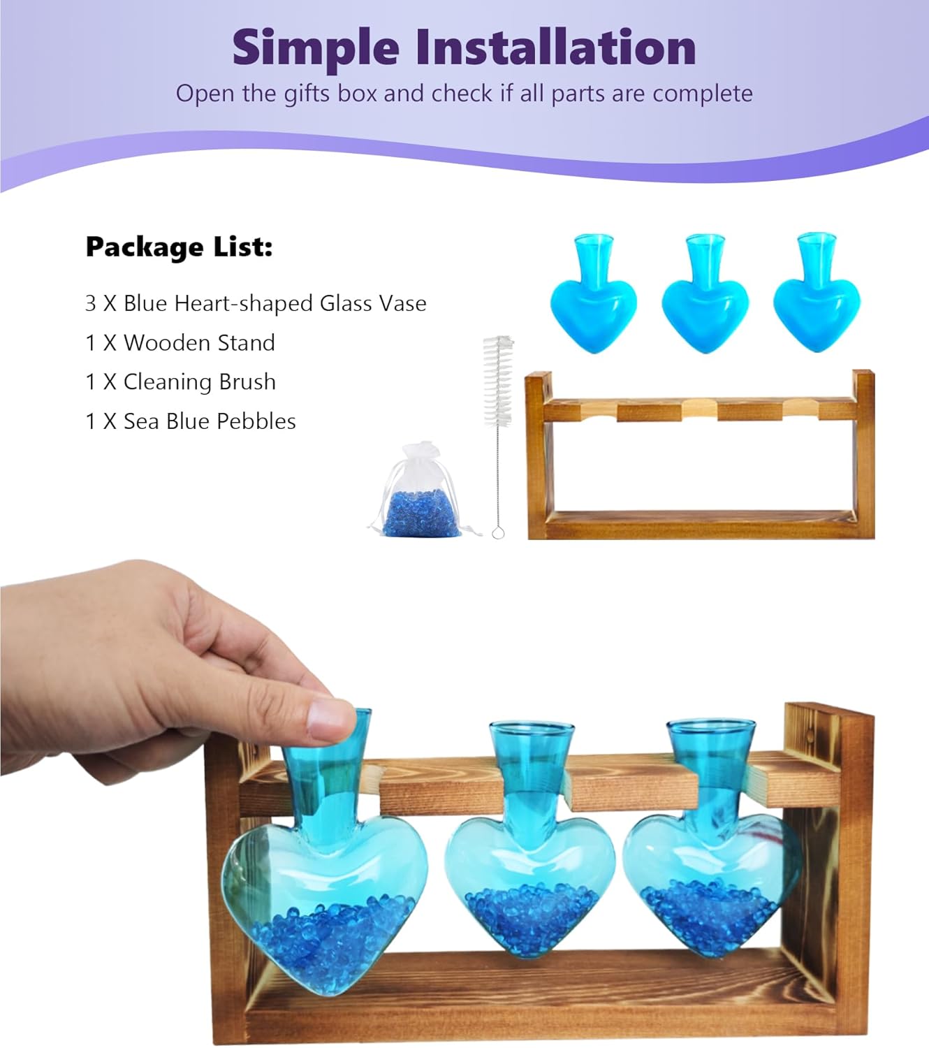 Nacome Plant Terrarium for Office Decor: Birthday Gifts for Plant Lovers Women Mom Wife - Wooden Stand Tabletop Planter 3 Bulb Glass Vase Heart Shaped for Hydroponics Indoor Home