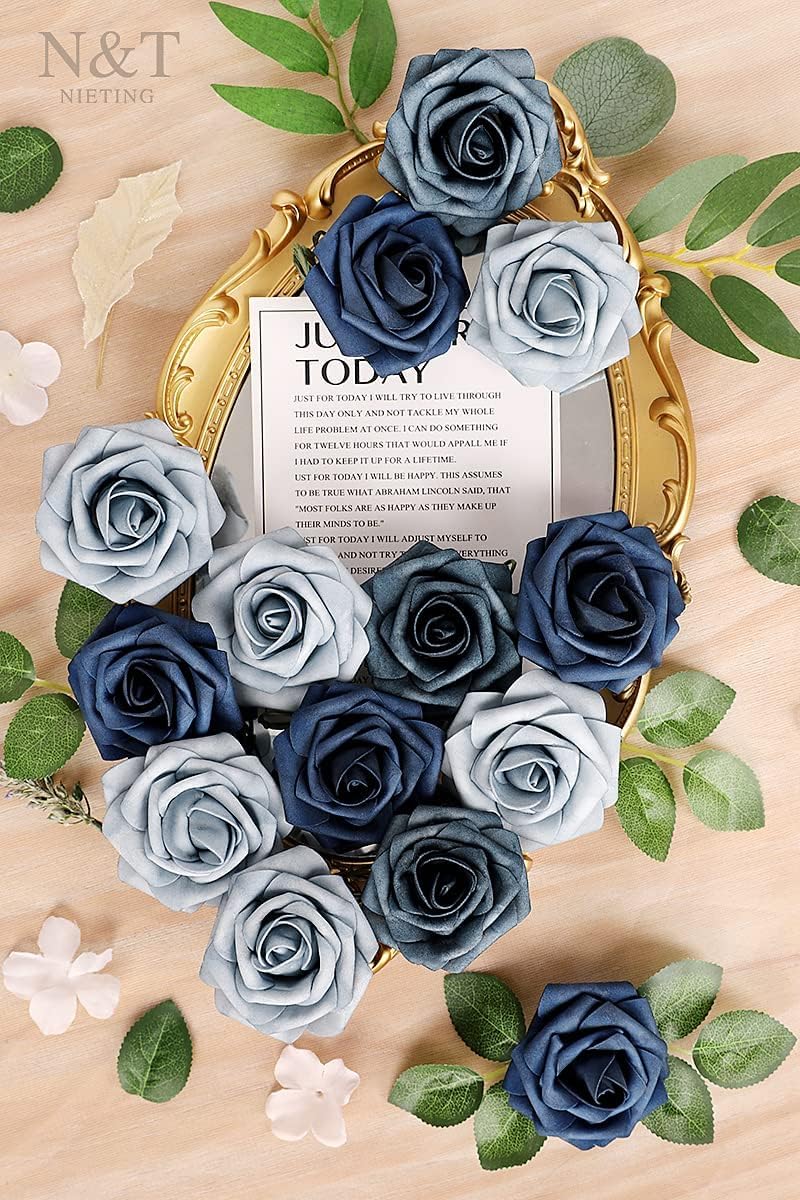 N&T NIETING Dusty Blue Fake Roses,50pcs Artificial Flowers Faux Flowers Fake Flowers for DIY Wedding Bouquets Centerpieces Floral Arrangements Home Decorations Shades of Navy Blue