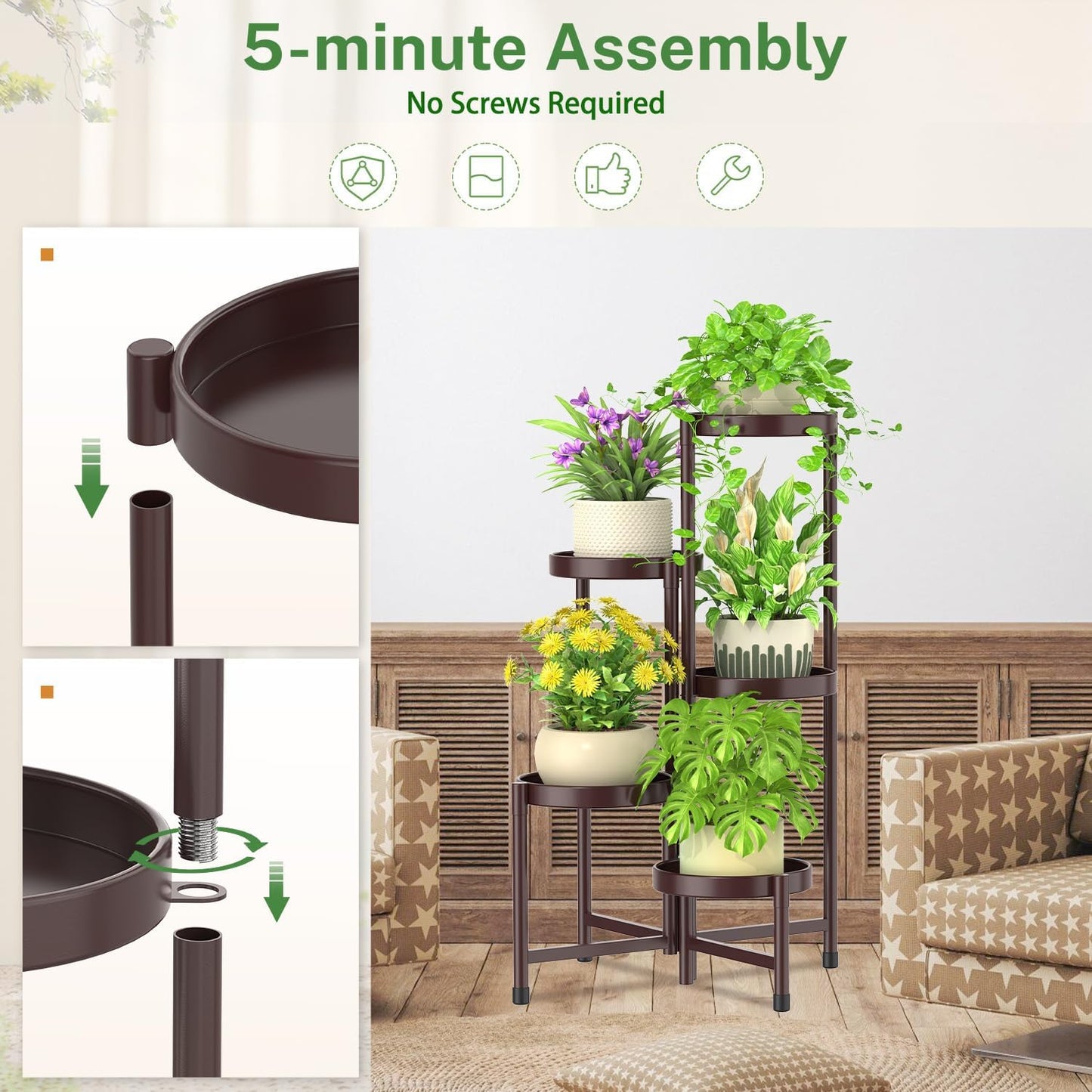 iDavosic.ly Plant Stand Indoor Outdoor, 5 Tier Corner Metal Flower Display Holder Shelf, Folding Tall Orchid Rack for Patio Balcony Porch Garden Living Room House, Violet Bronze