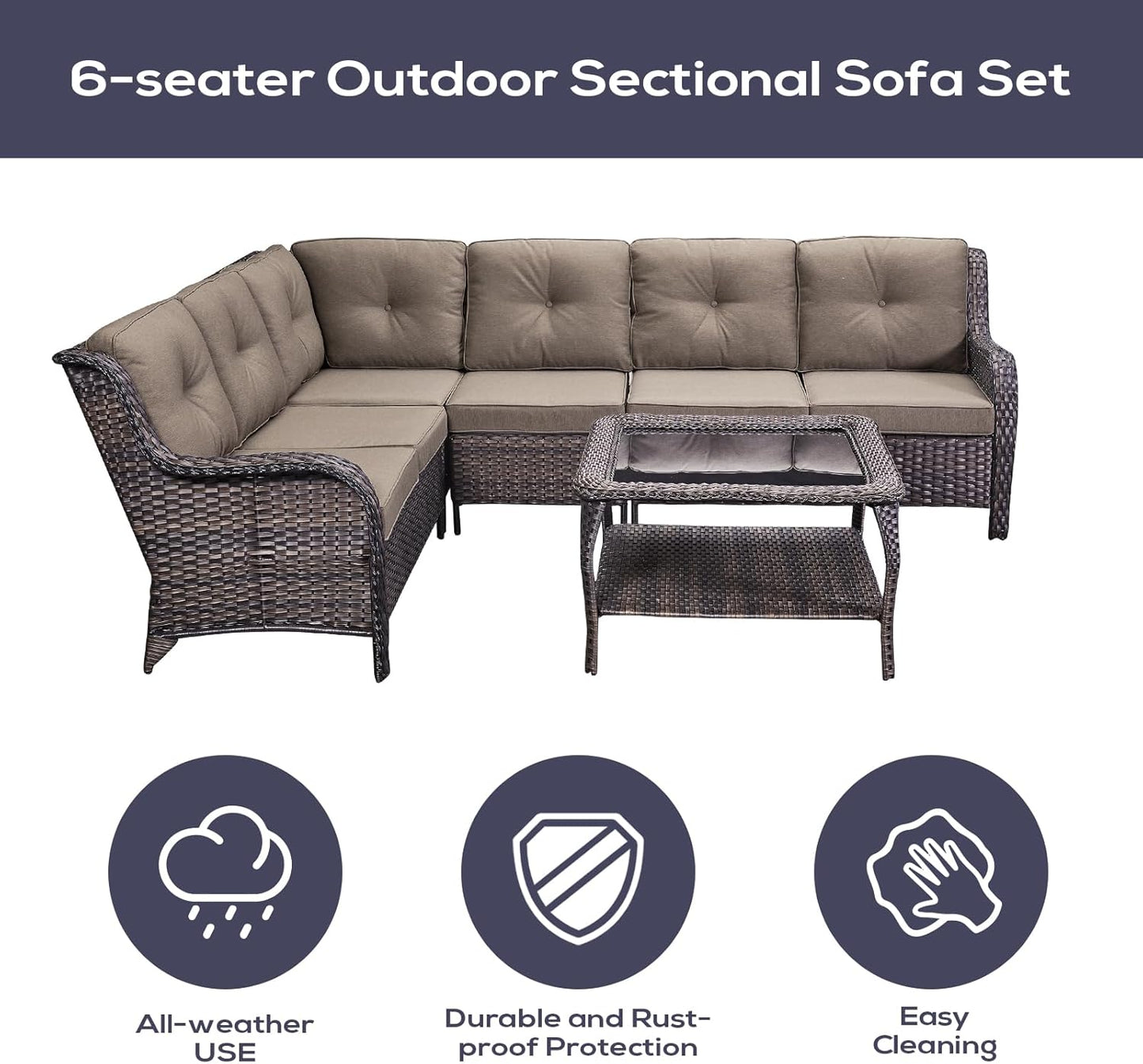 Outdoor Furniture Sectional Sofa L Shaped Couch - Patio Wicker Set with Coffee Table, 3 Piece Rattan Patio Conversation Sets with Gray Cushion for Deck Backyard Sunroom