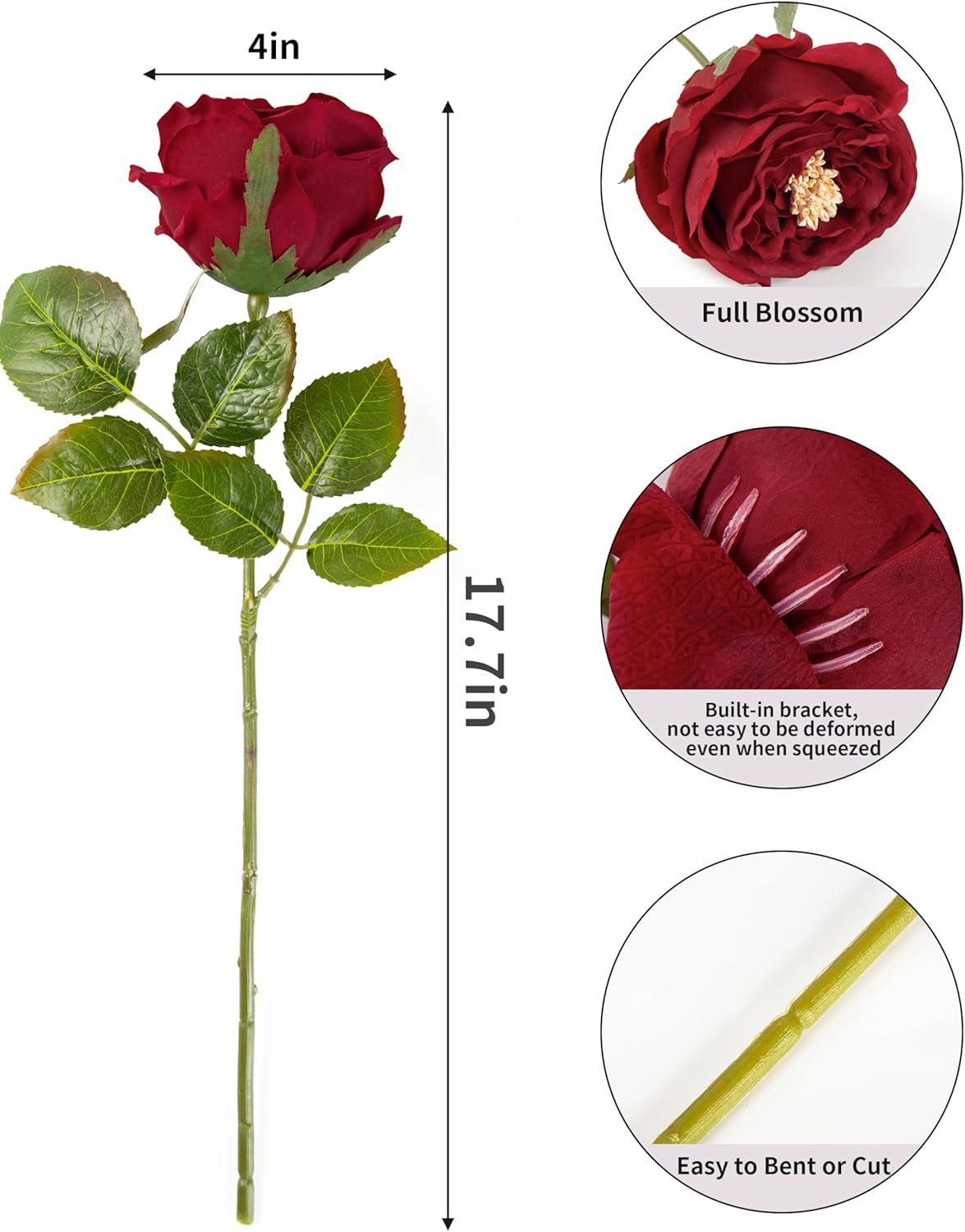 DuHouse 5Pcs Silk Roses Fake Red Roses with Stems Real Touch Rose Artificial Flowers for Arrangement Wedding Party Home Decoration