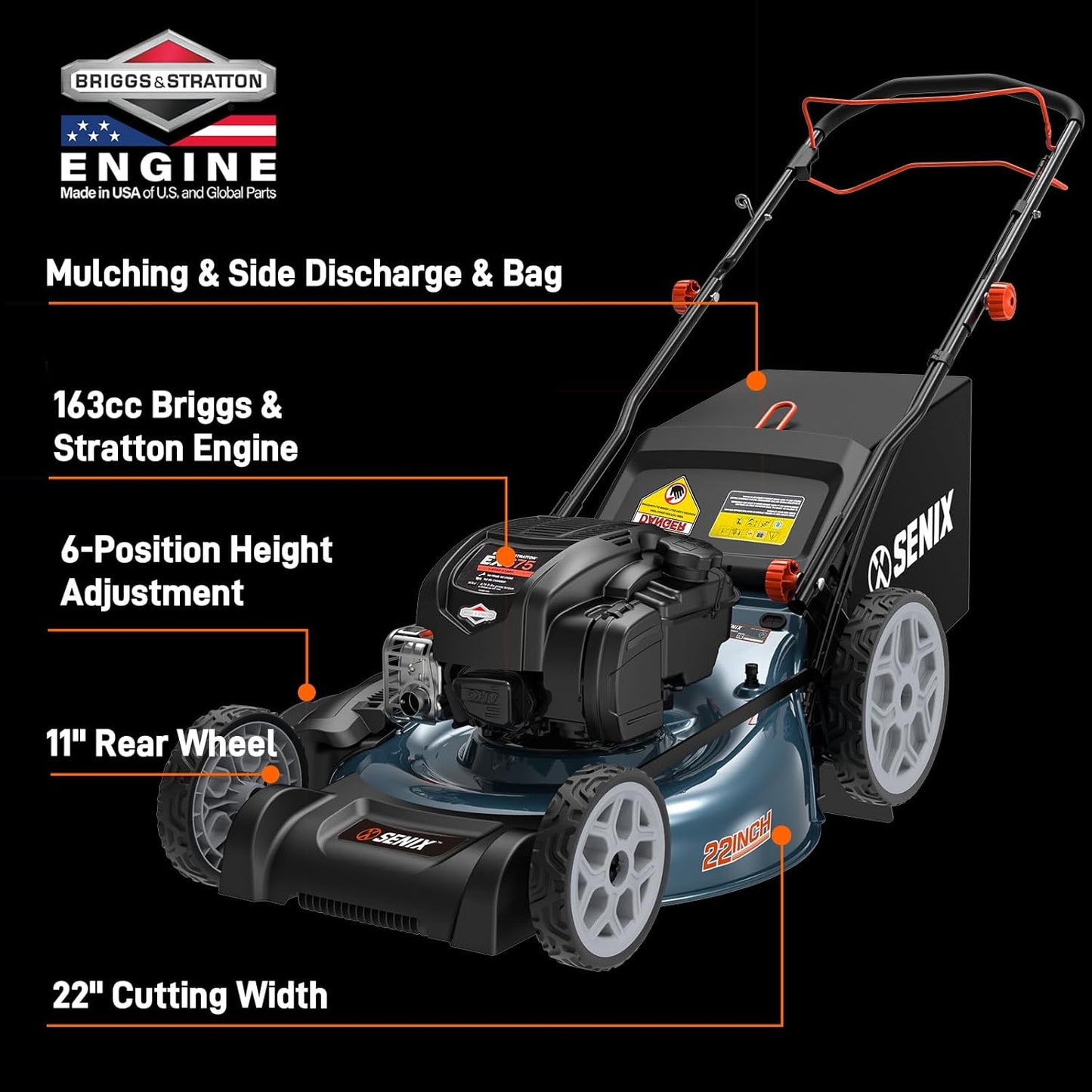 SENIX Gas Lawn Mower, 22" Self Propelled Gas Powered Lawnmower with 163cc B&S 4-Cycle Engine, 3-in-1 Walk-Behind Push Lawn Mower, 6-Position Height Adjustment