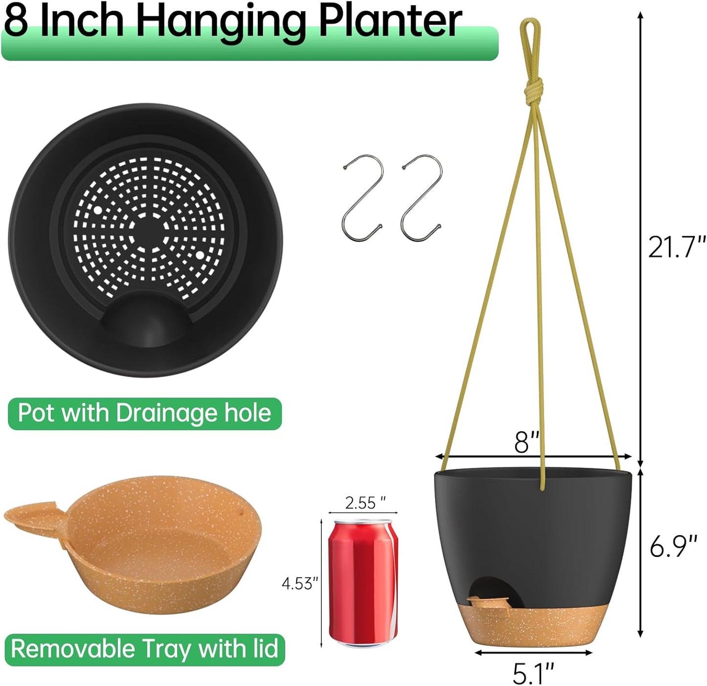 ZMTECH 8 Inch Hanging Planters for Indoor Outdoor Plants, 2 Pack Self Watering Hanging Plant Pots with Drainage Holes and Removable Saucer, Plastic Flower Hanging Pots with Watering Lip (Black)