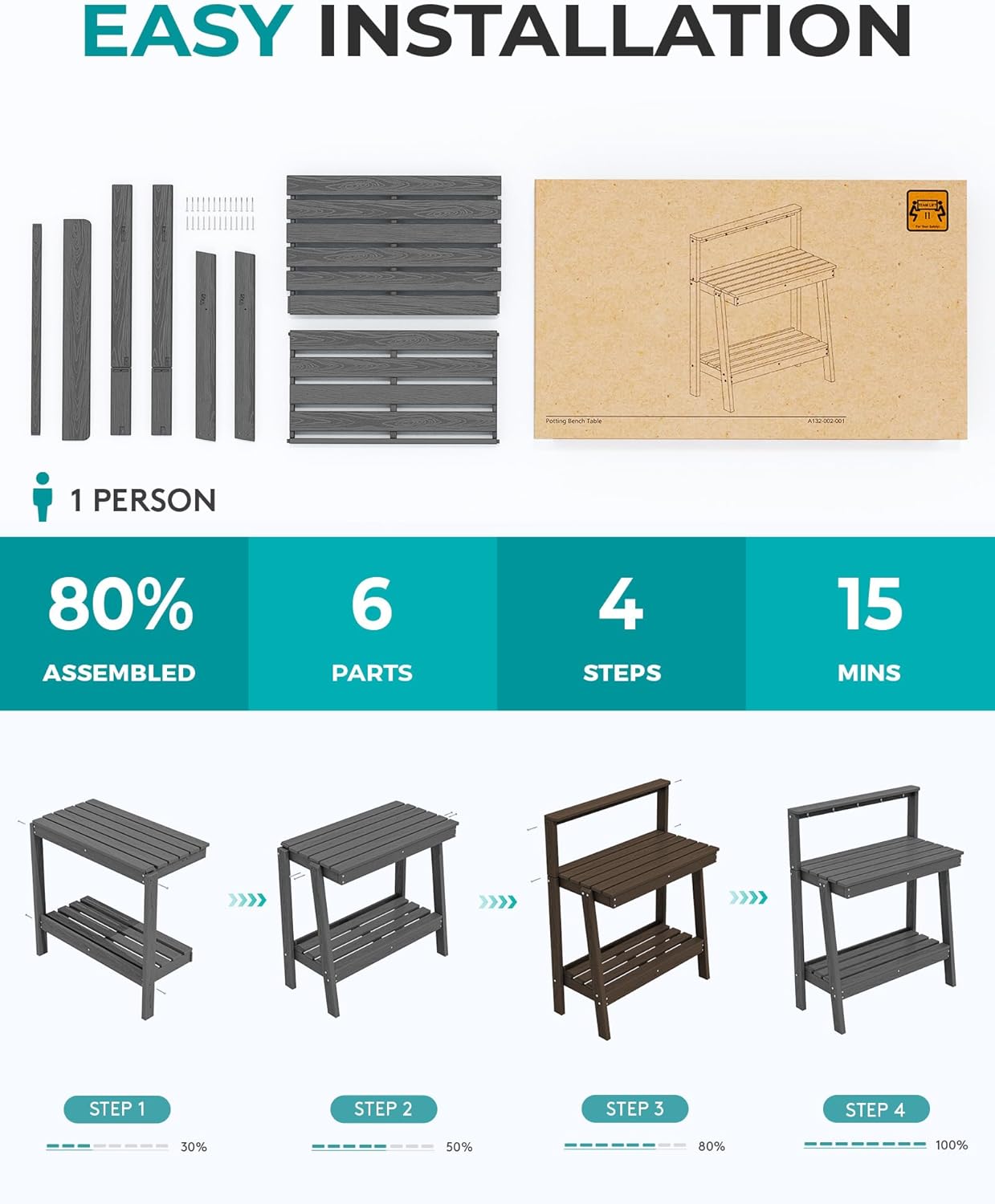 SERWALL Potting Bench Outdoor with Storage, 3-Tier HDPE Gardening Table with Angled Legs & Tool Hooks, All-Weather Heavy Duty Potting Table for Patio, Backyard, Garden, Gray