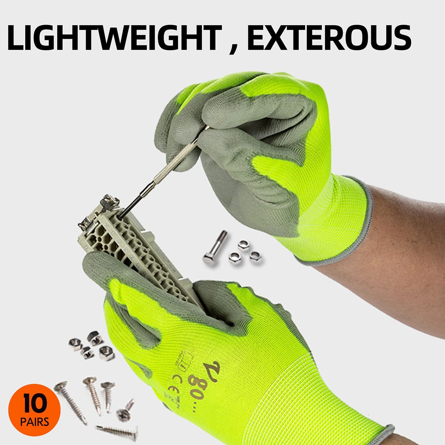 Vgo... 10-Pairs Safety Work Gloves, Gardening Gloves, Polyurethane Coated, Dipping Gloves, Latex Free (Size M, Yellow, PU2103)