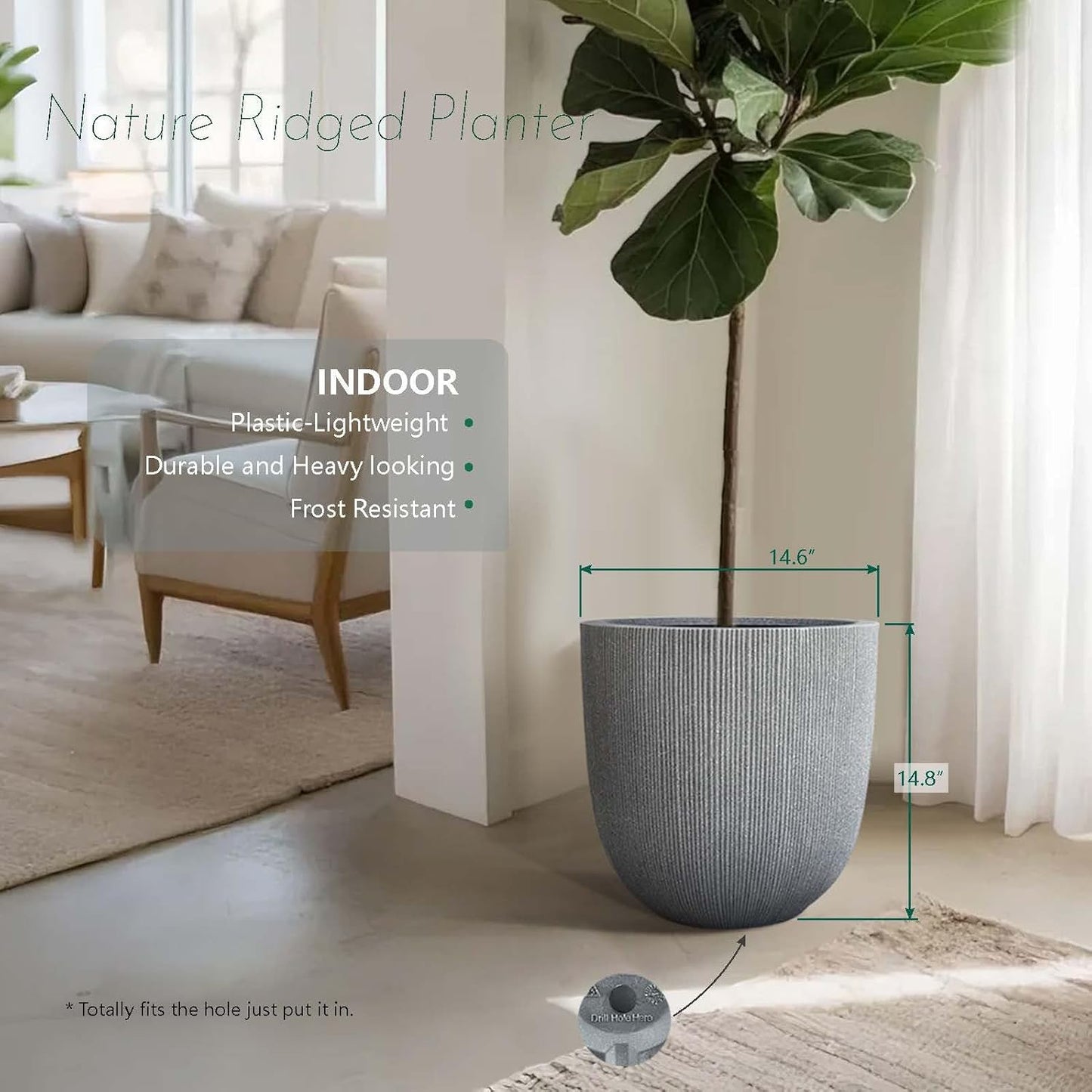 14.8" Tall Round Plastic Planter for Indoor Outdoor Plants, Large Indoor Outdoor Plant Pots with Drainage Hole and Plug, Flower Pots for Plants, Modern Decorative Planter Pots for Home Garden Patio