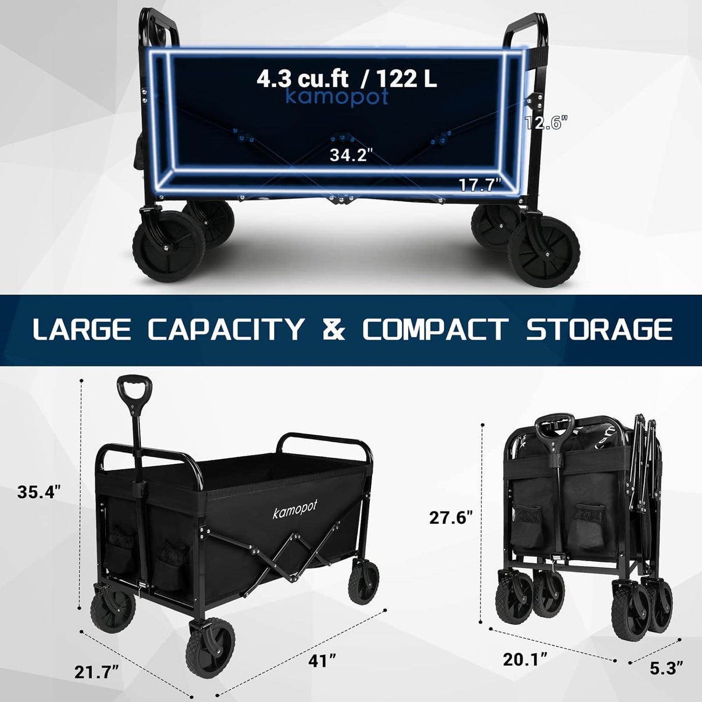 Large Collapsible Wagon Foldable for Grocery, Beach, Park, Yard, 34 x 18 Inch Inner Storage. Folding Utility Shopping Cart on Wheels. Heavy Duty, Durable w/Cupholders (Black)