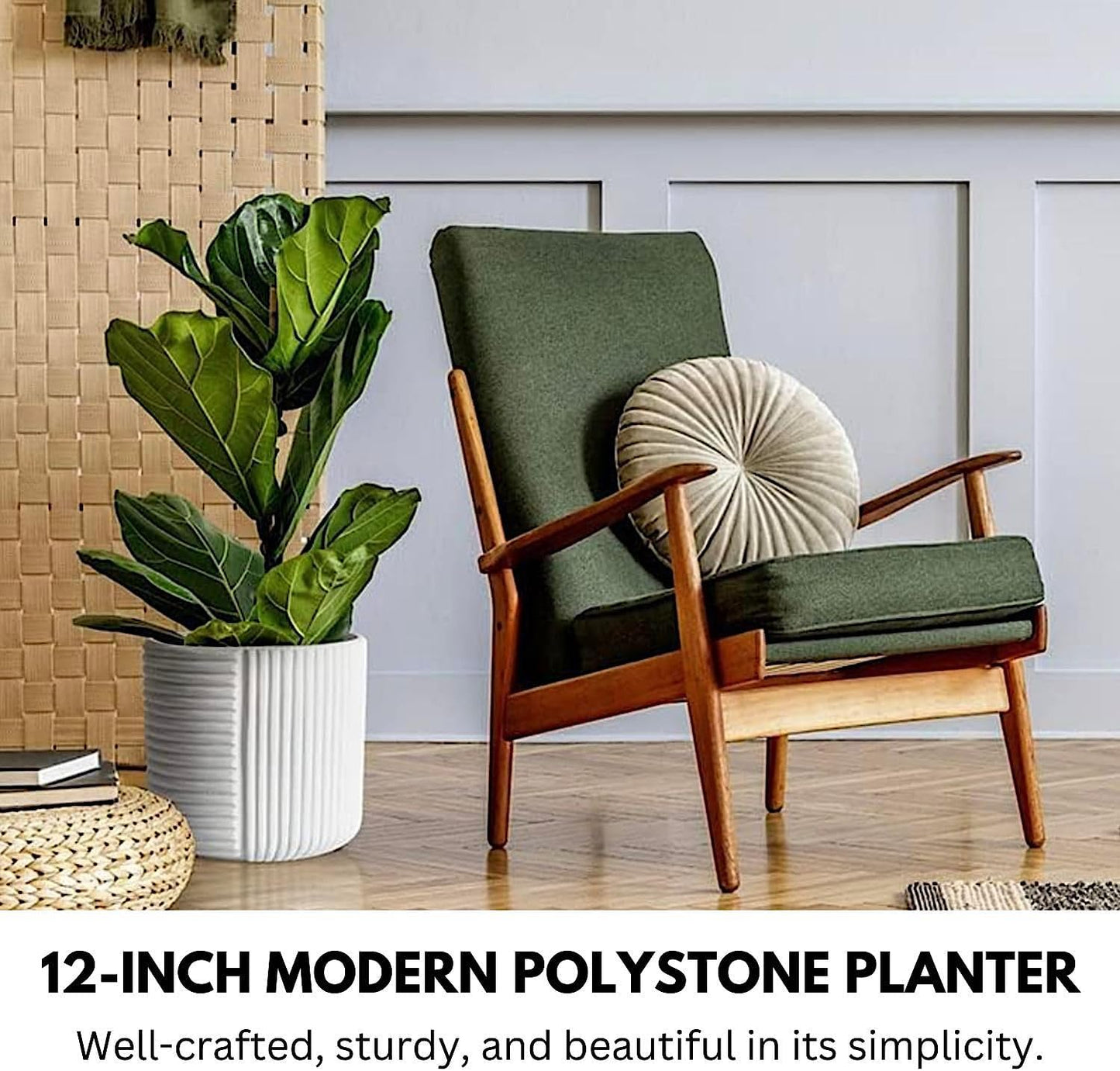 Fox & Fern Large 12 Inch Planter with Drainage Plug — Premium Polystone White Plant Pot; Modern Planter with 3D Texture and Ceramic Finish; 12 Inch Pots for Plants Indoor & Outdoor