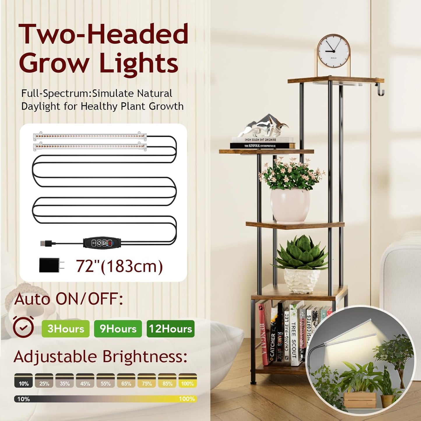 Plant Stand Indoor with Grow Light, 5-Tiered Tall Plant Stand Indoor, Metal Plant Shelf with Hanging Basket Hook and Adjustable Light, Ideal for Living Room, Garden, Patio (Black Brown)