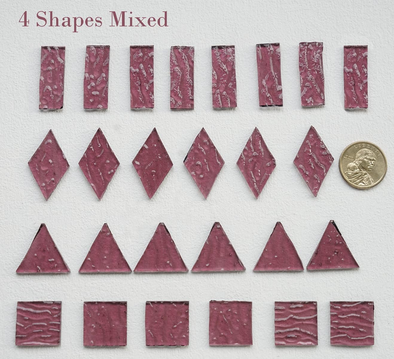 200G Large Size Transparent Glass Mosaic Tiles for Crafts, 4 Shapes Textured Cathedral Stained Glass Mosaic Pieces for Mosaic Art Decor, Mauve