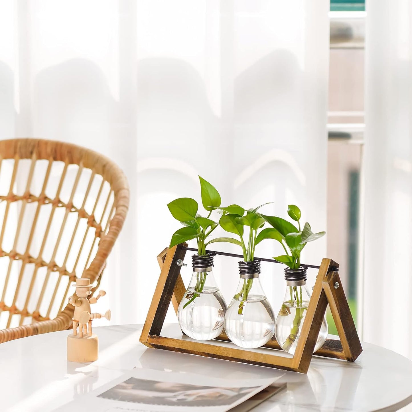 Marbrasse Plant Propagation Stations with Wooden Stand, Desktop Plant Terrarium Holder Bulb Vase, Glass Vase Container with Metal Swivel Holder for Hydroponics of Home Garden Office Decor Lover Gifts