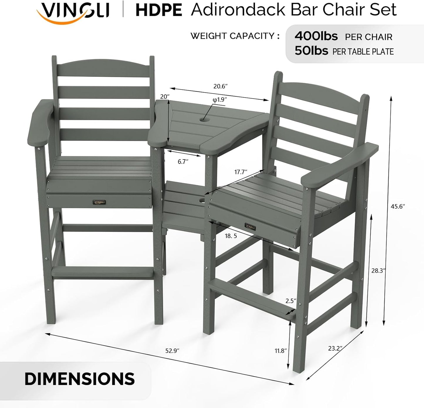 VINGLI Tall Adirondack Chairs Set of 2 with Removable Double Connecting Trays, HDPE Weather Resistance Outdoor Bar Stools Heavy Duty Patio Table and Chars Set Poly Deck Chairs for Pool Balcony (Gray)