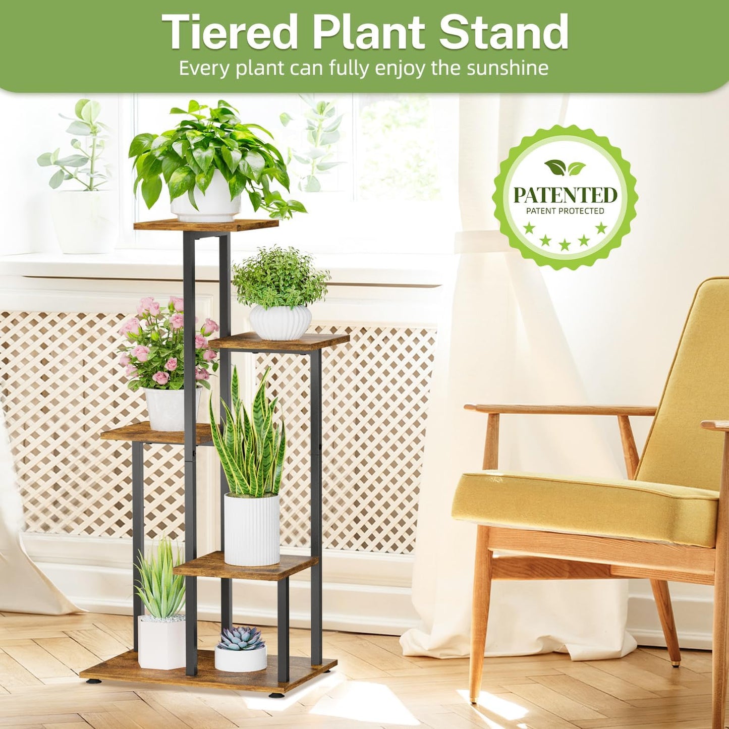 iDavosic.ly 5 Tier Plant Stand Indoor, Tiered Corner Flower Holder Shelf Outdoor, Metal Wood Tall Orchid Pot Display Rack for Patio Porch Garden Balcony Office, Modern Black & Rustic Brown