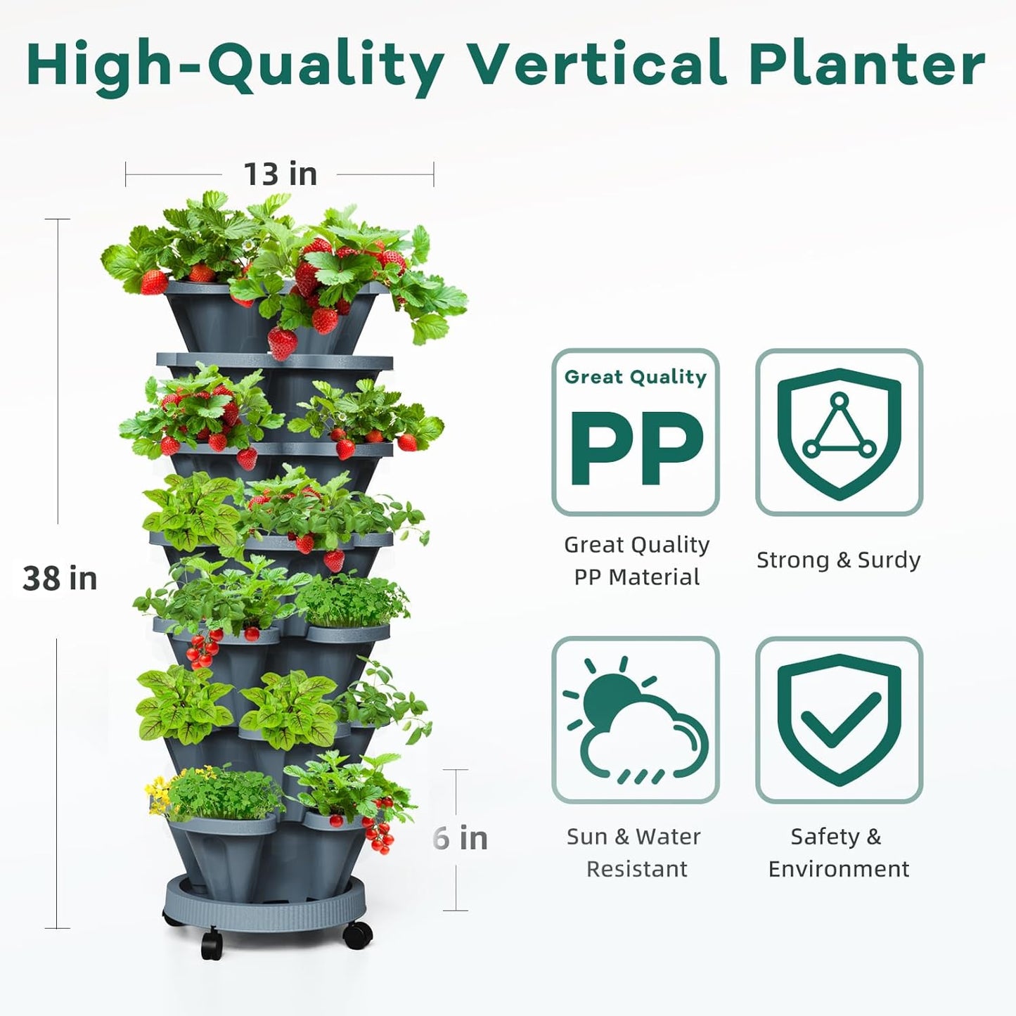 7 Tiered Strawberry Vertical Planter 2 Pack, Stackable Tower Garden Planter Herb Garden Planter with Movable Casters and Bottom Saucer Indoor and Outdoor - Dark Grey