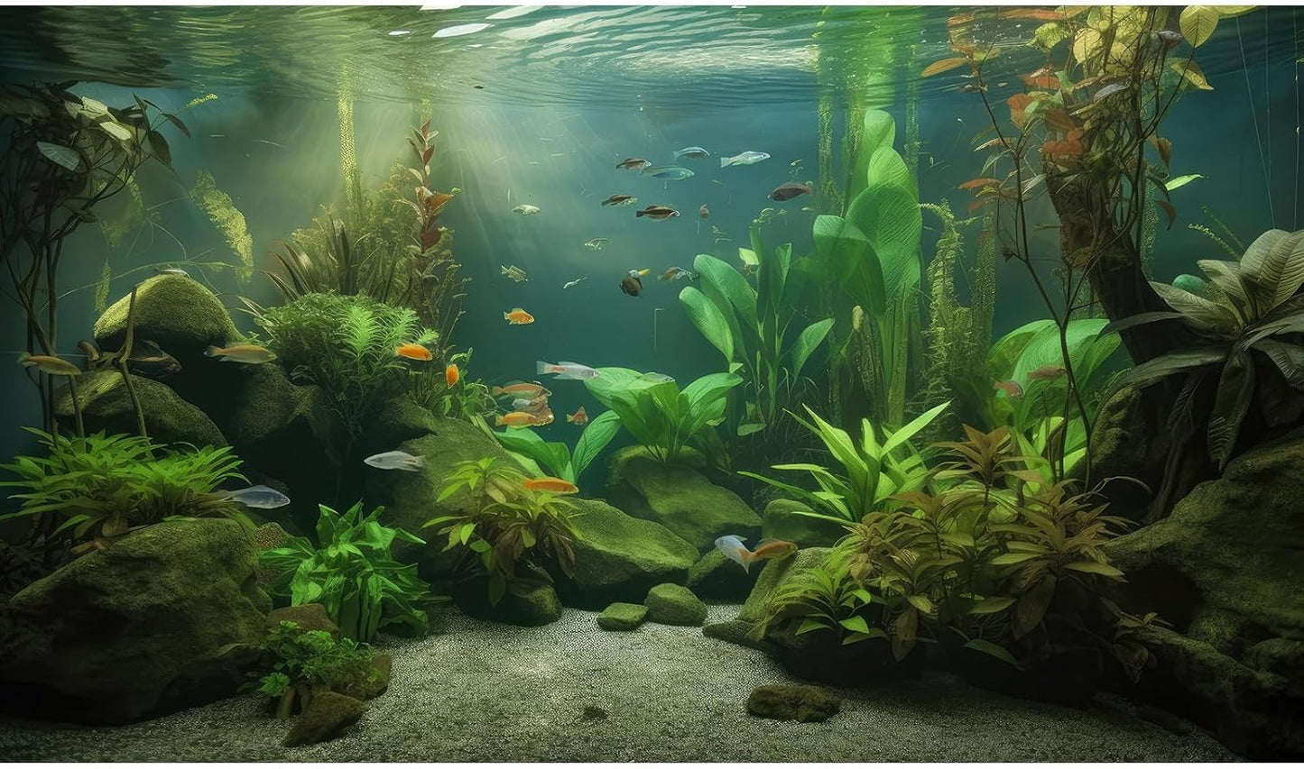 Under The Sea Aquarium Background Underwater Aquatic Plants Fish Tank Background Tropical Fish Rock with Moss Terrarium Background Undersea Green Grass with Sunbeams Terrarium Background 48x20in