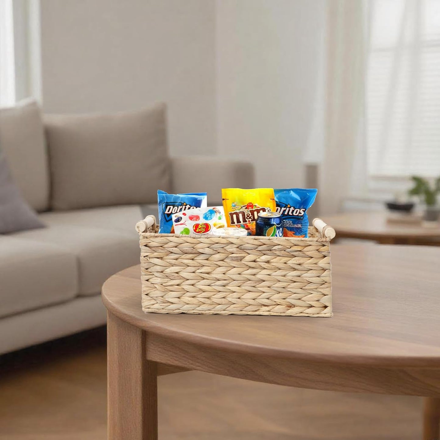 Handmade Water Hyacinth Woven Storage Baskets with Wooden Handles, Rectangle Rustic Organizer Set for Home Decor, Kitchen, Bedroom & Office (Medium)