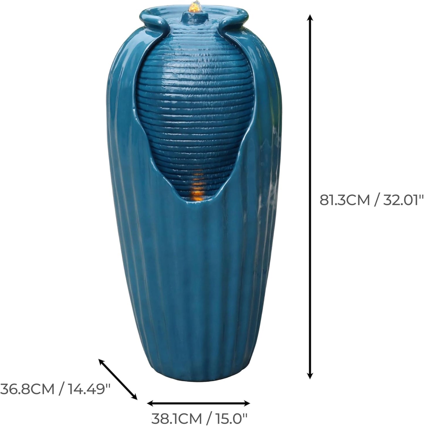 Teamson Home 32 in. Outdoor Contemporary Glazed Contoured Vase Water Fountain with LED Lights to Create a Calming Oasis in Gardens and Landscaping, on Patios, Balconies, Lawns, Teal Blue