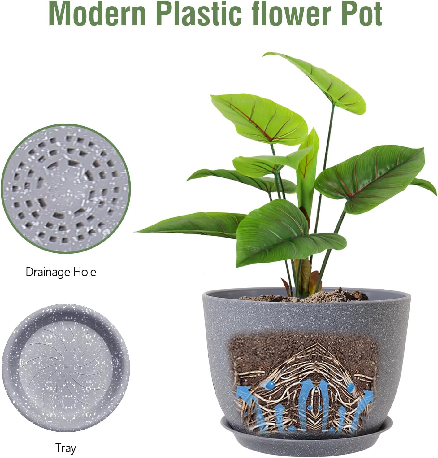 Plant Pots 12 inch, Plastic Planters with Drainage Holes and Saucers, Large Flower Pots for Indoor Outdoor Plants, Modern Decorative Pots for Garden House Plants, Speckled Grey