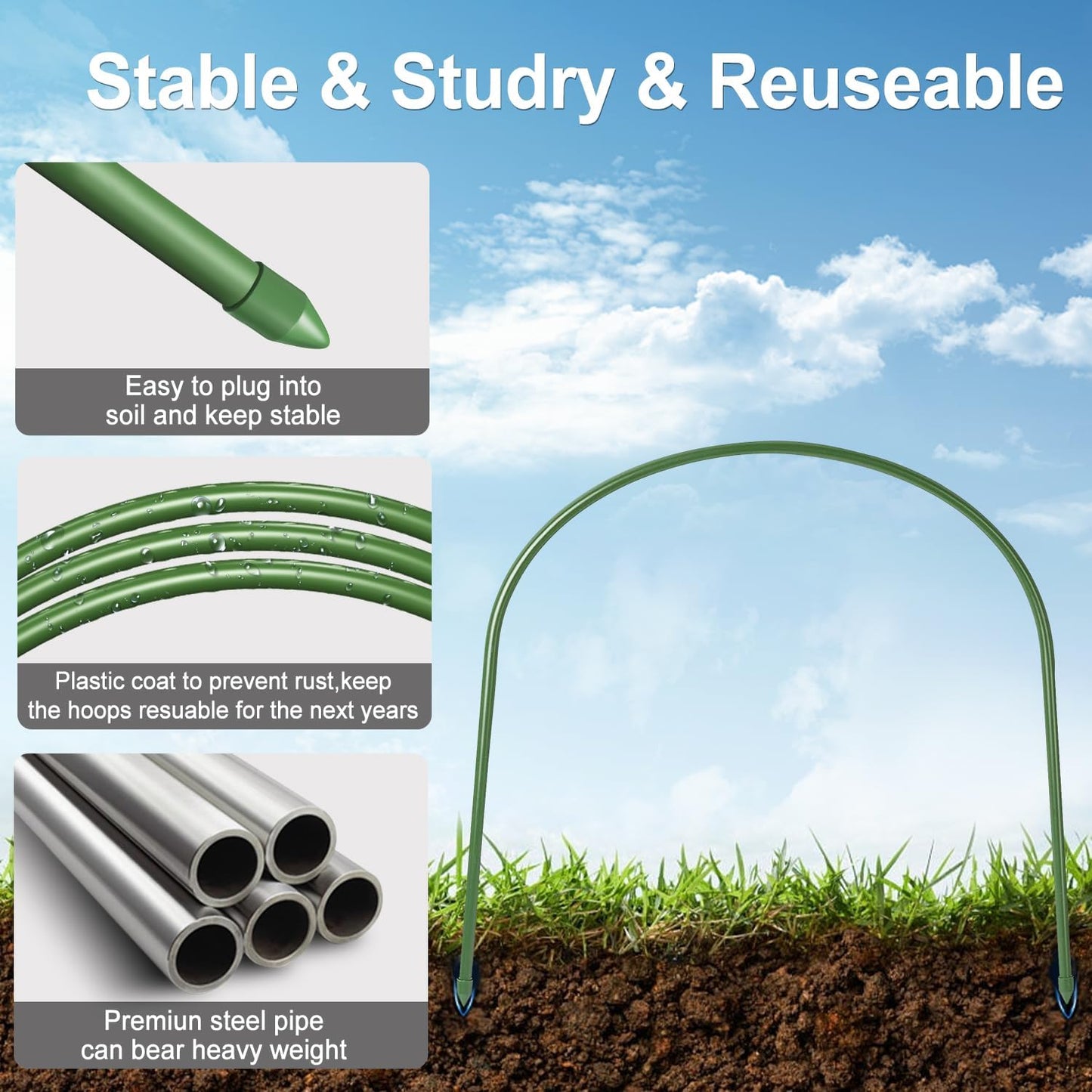 FOTMISHU Garden Hoops, 10PCS Greenhouse Hoops Rust-Free Grow Tunnel, All-in-one 18.9"x19.7" Garden Stakes with Plastic Coated Plant Supports for Raised Beds Row Cover Garden Fabric