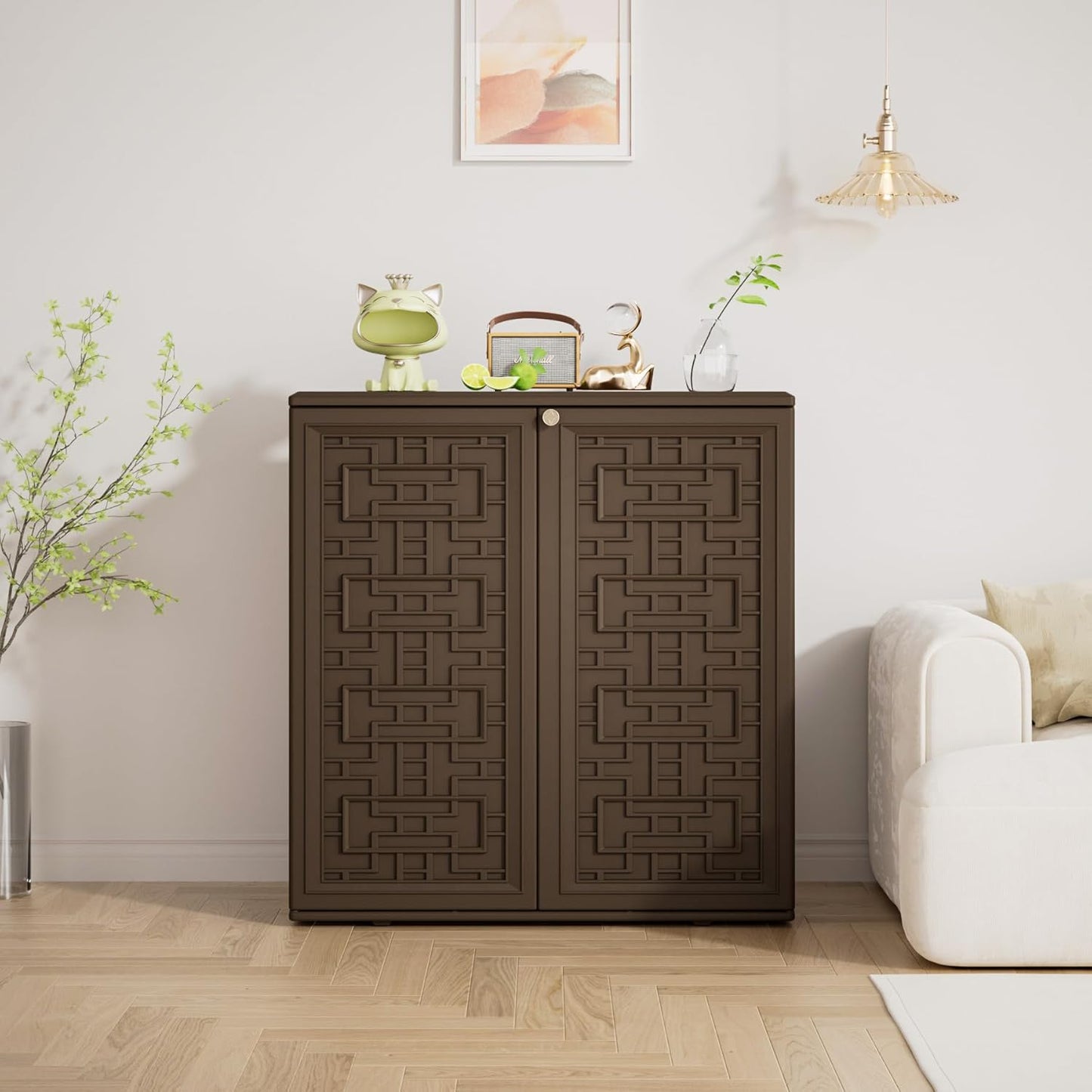 Storage Box Outdoor Caninet,Resin Indoor Storage Box Waterproof Outdoor Storage Cabinets for Patio/Garden/Backyard, Size 34.3''L*15''W*36.2''H(Brown)