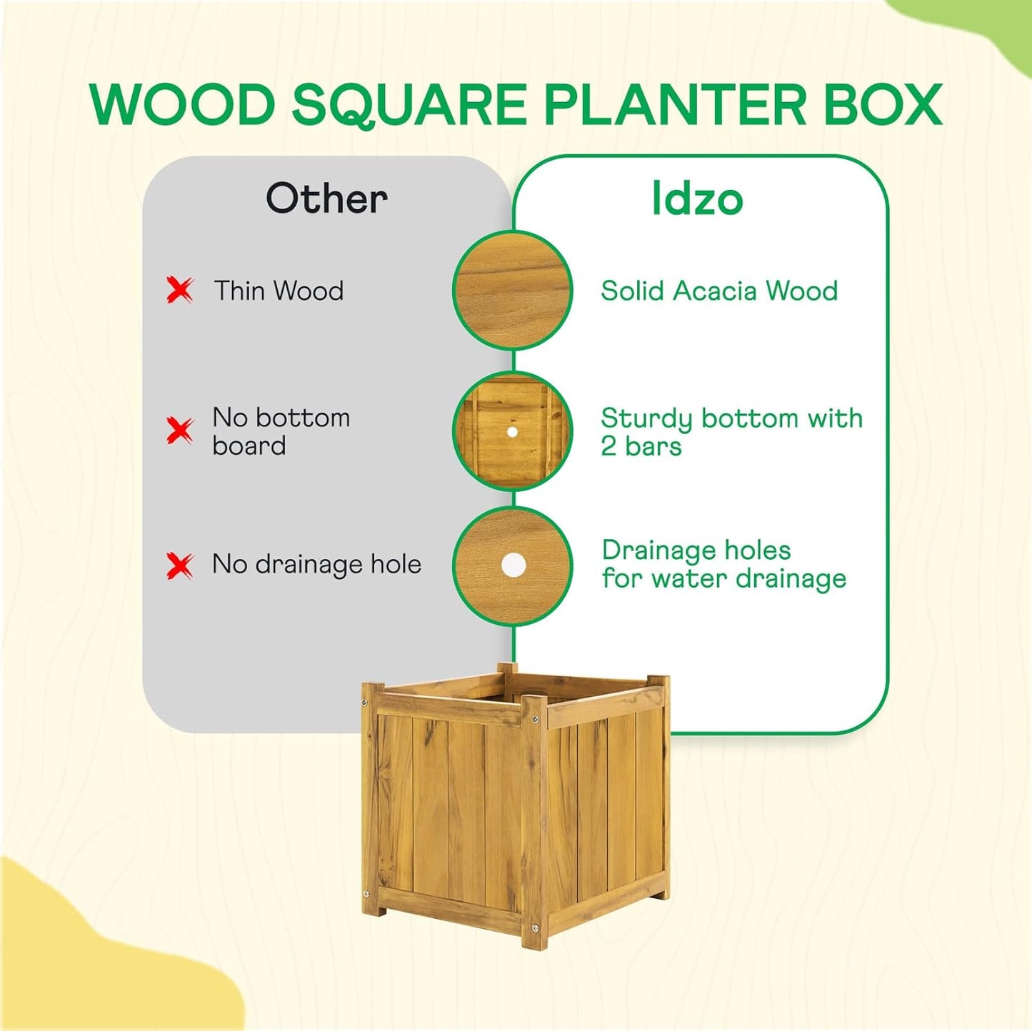 IDZO Acacia Wood Flower Planter Box for Outdoor Plants, 1pc Wooden Raised Garden Bed with Handles, Drainage Holes, Ideal for Garden and Home Décor, Golden Teak