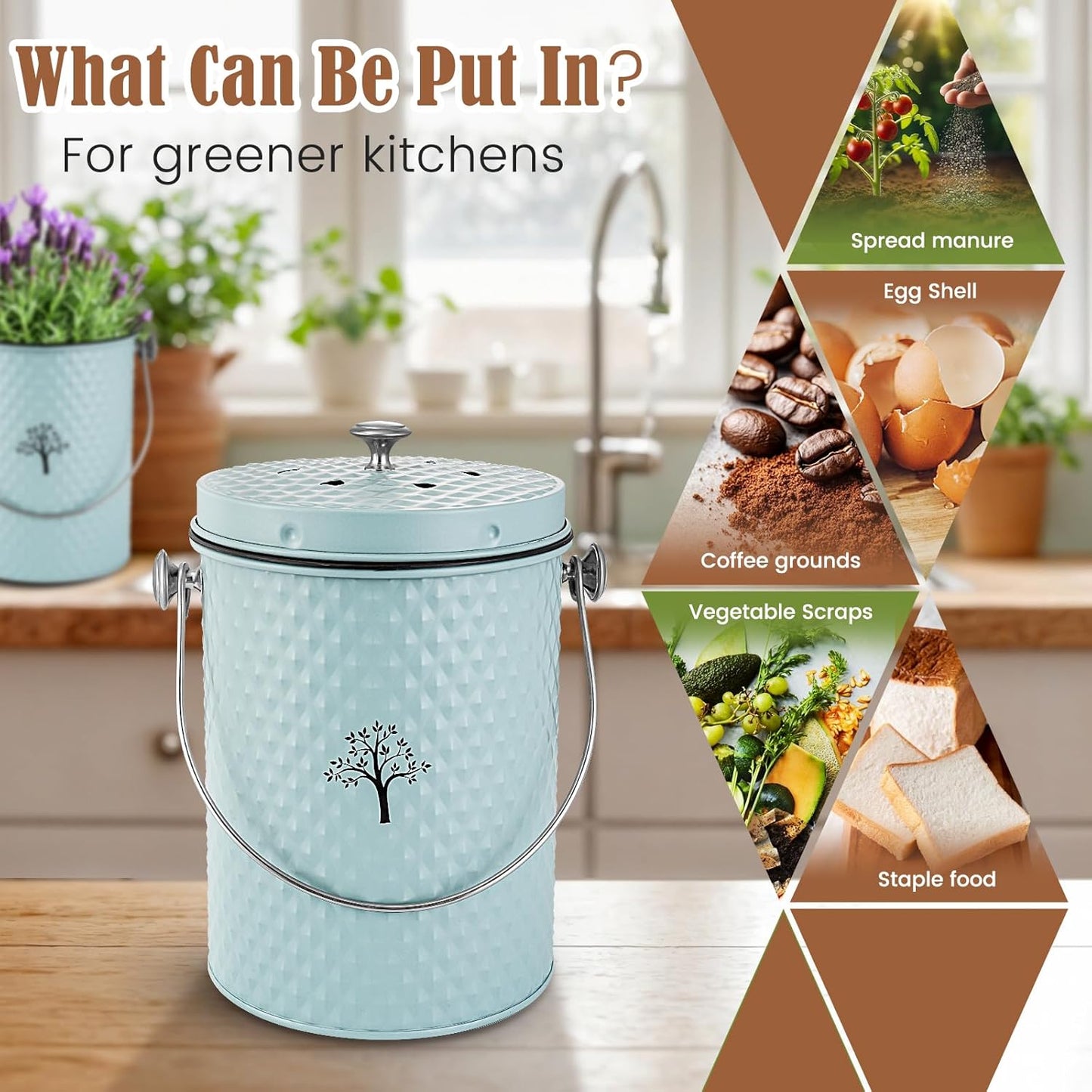 AOSION Countertop Compost Bin Kitchen,Odor Resistant Indoor Compost Bin with Lid and Compost Bags,Compost Bucket Composter Container for Food Waste,Blue