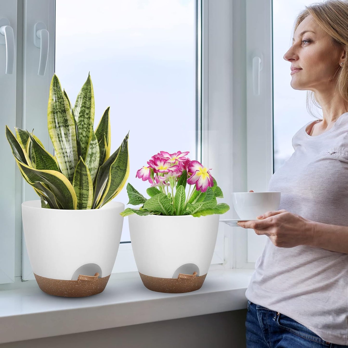Plant Pots 10/9/8/7.5/7 Inch Self Watering Pots, Set of 5 Plastic Planters with Drainage Holes and Saucers,Plastic Flower Pots,Nursery Planting Pot for Indoor Out Door Plants（White）
