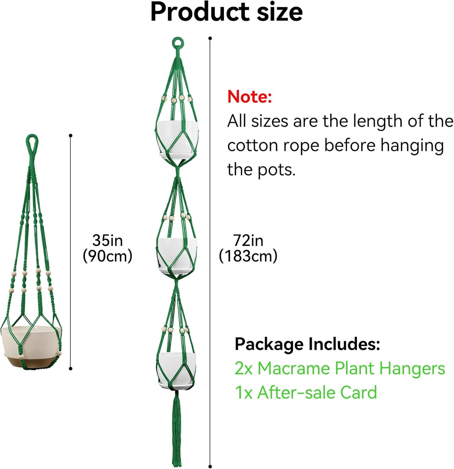 USLAI Macrame Plant Hanger Indoor Outdoor, Up to 4-15 inch Pot, Heavy 20lb Planters, Extra Long Strong Hanging Planter Basket Holder, Boho Home Decor, 35+72 Inch, Green (POTS NOT Included)