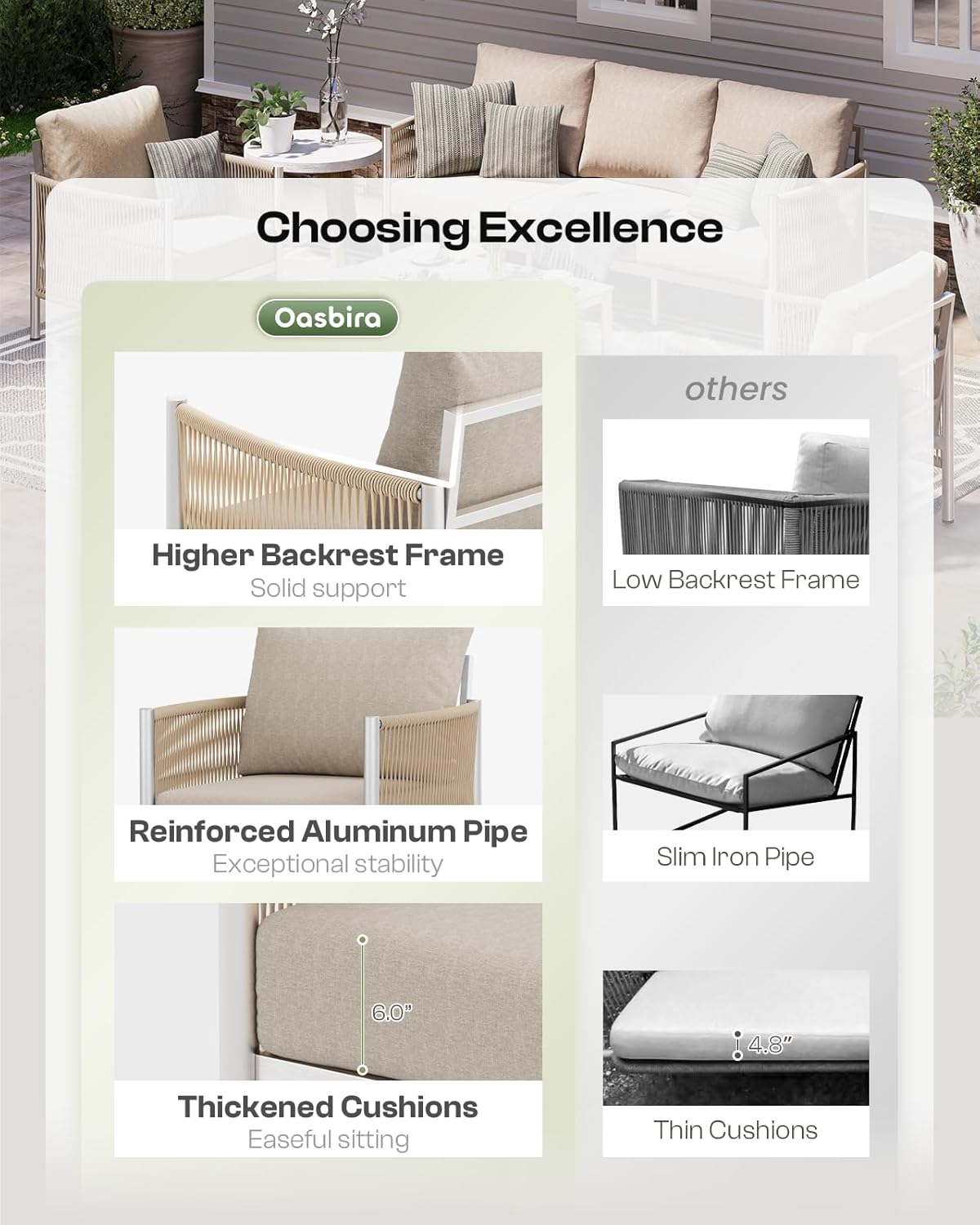 Aluminum Outdoor Patio Couch, 3 Seats HDPE Rope Patio Sofa with Washable Thick Cushion, All-Weather Patio Furniture for Balcony, Yard, Silver Frame, Beige