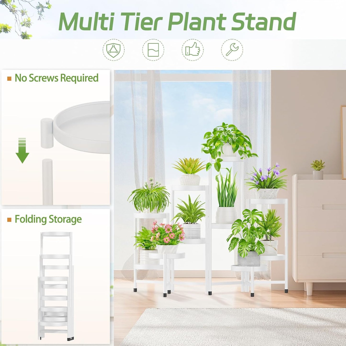 iDavosic.ly Plant Stand Indoor Outdoor, 10 Tier Corner Metal Flower Display Holder Shelf, Folding Tall Orchid Rack for Patio Balcony Porch Garden Living Room House, White