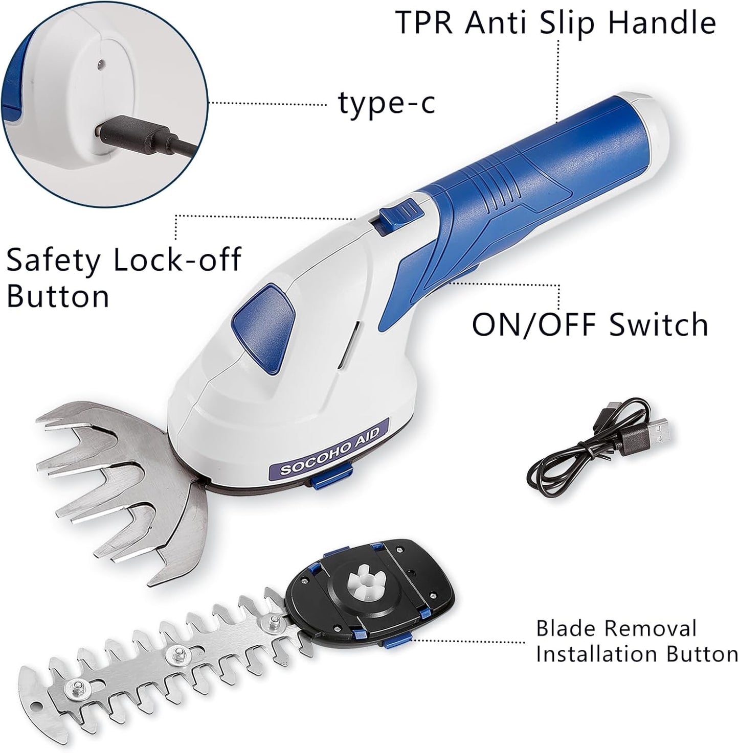 Cordless Hedge Trimmer Grass Shear - 2 in 1 Handheld 7.2V Electric Shrubbery Trimmer Grass Cutter Rechargeable Battery and Type-C