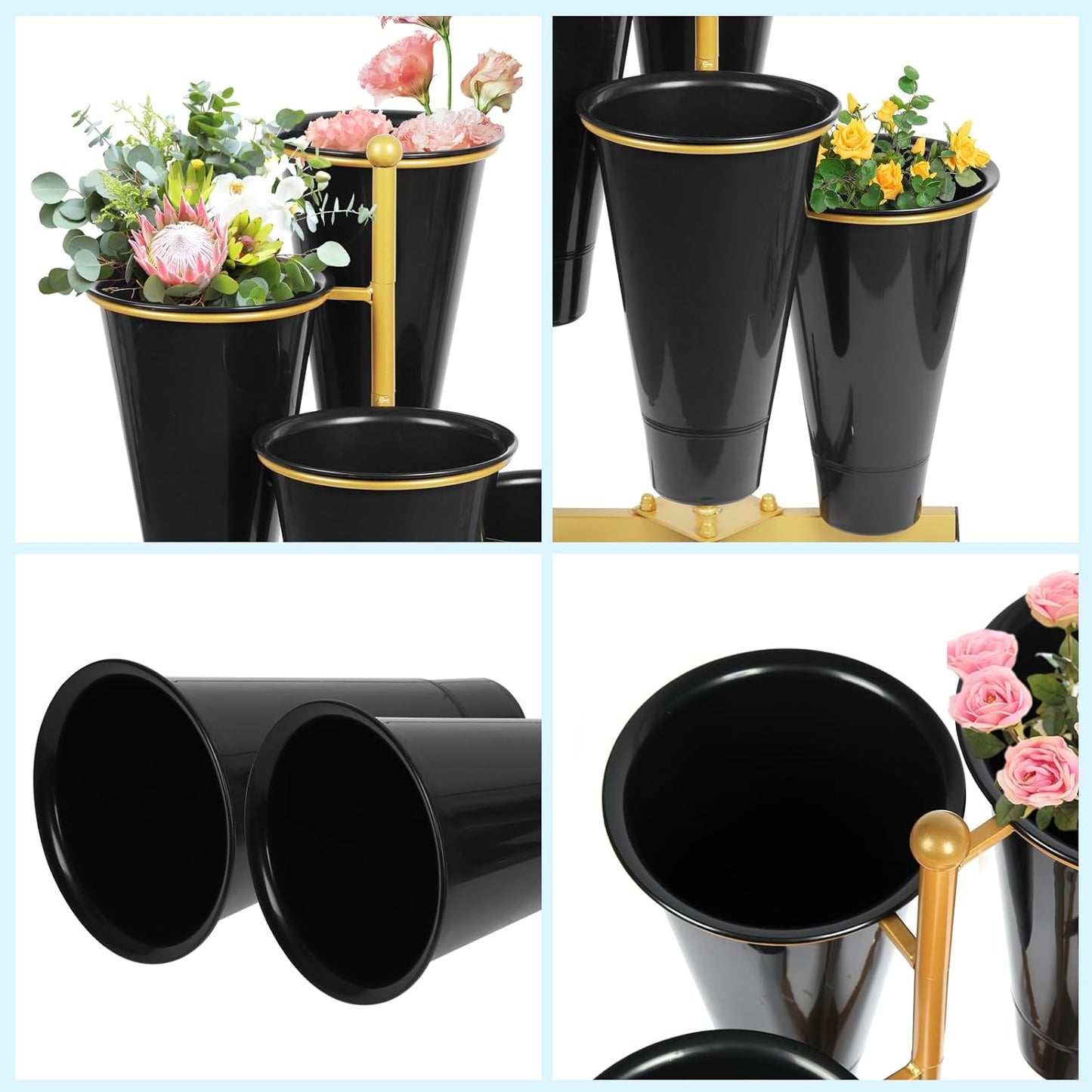 Flower Display Stand with 4 Bucket,Floral Stand with Foldable Frame for Silk Fresh Flowers,4 Tier Florist Shelf Plant Cart for flower shop Garden Living Room,Easy to Install (Gold Shelf+ Black Bucket)